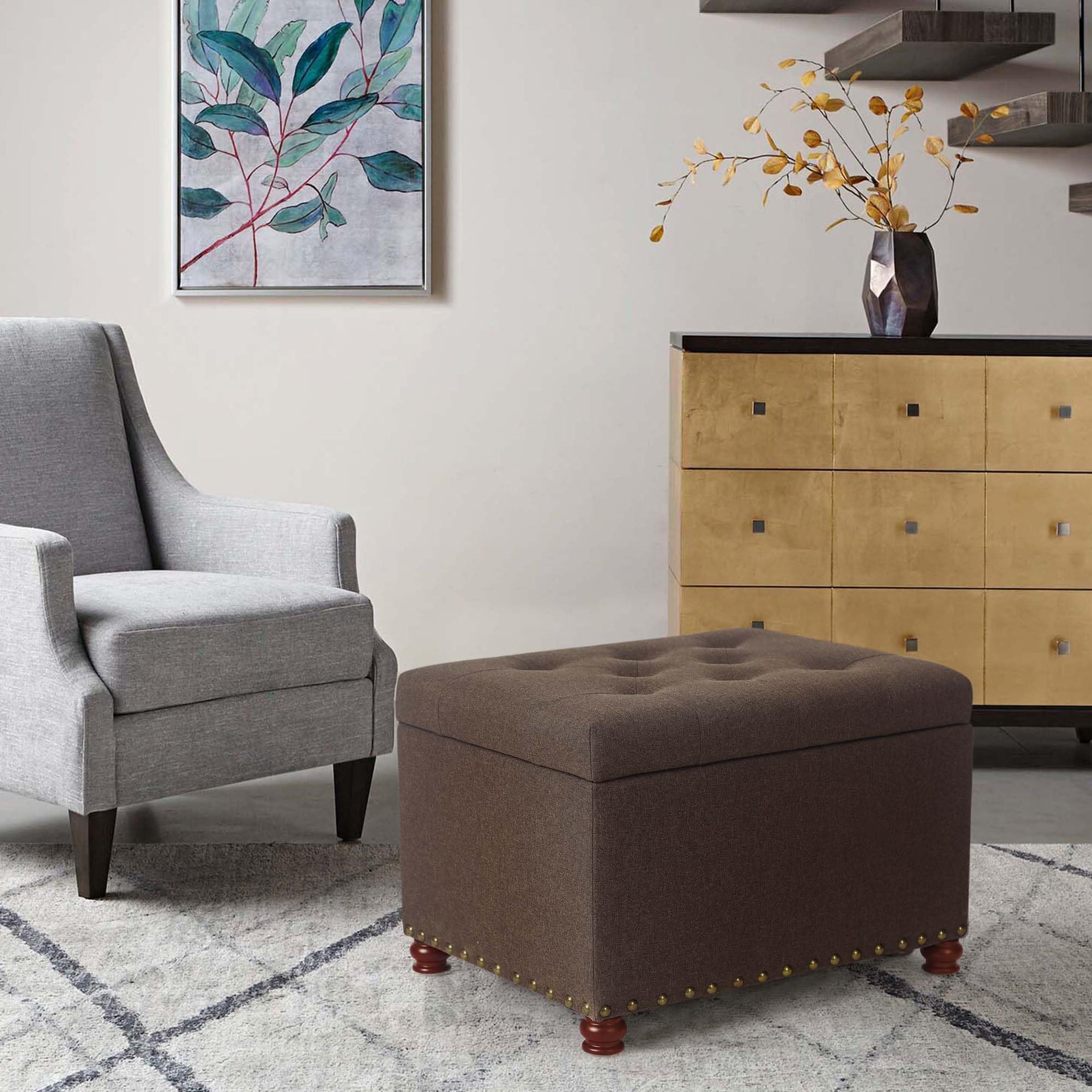 Storage Ottoman Linen Tufted Bench