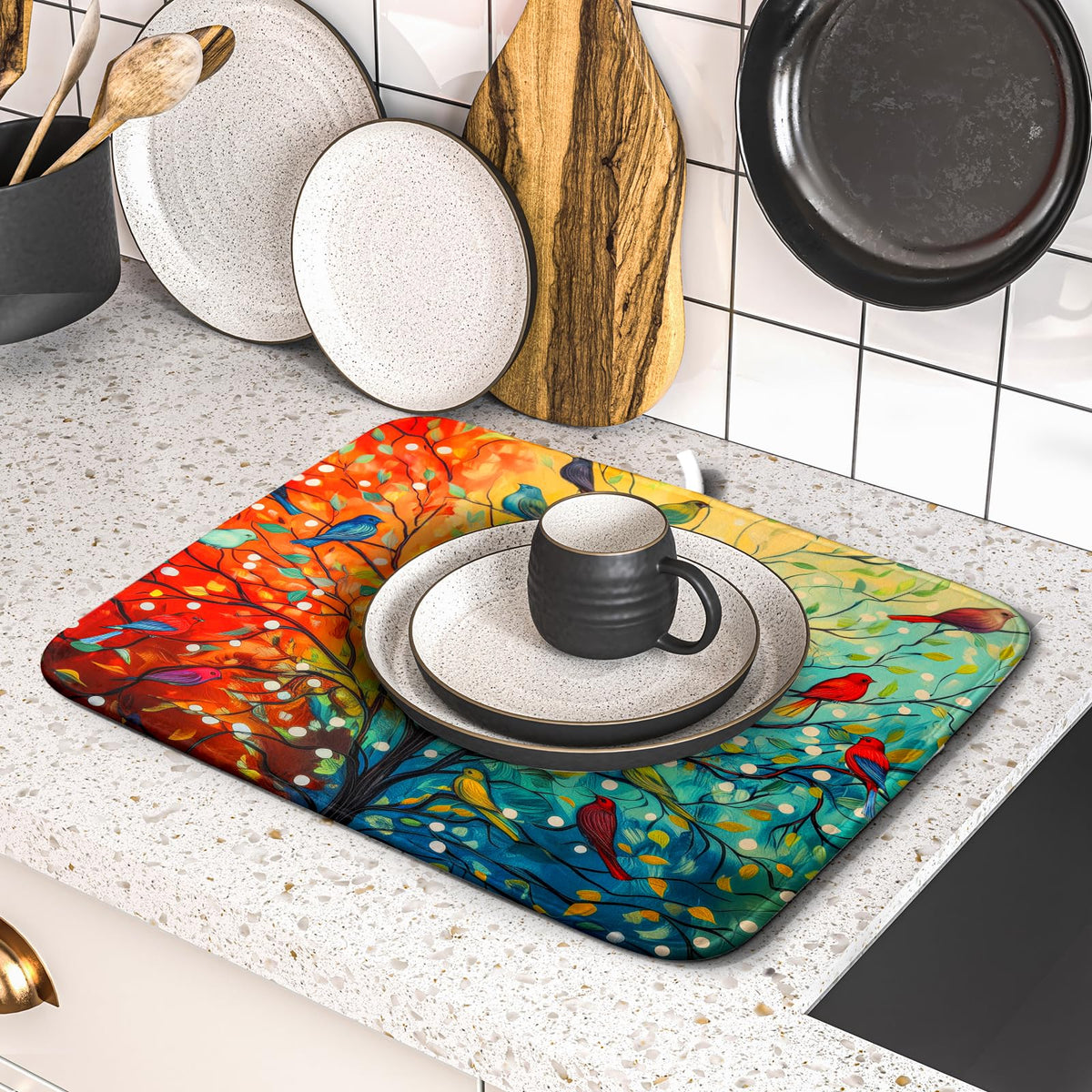 Colorful Spring Summer Tree Bird Dish Drying Mats for Kitchen Counter 16”x18” Absorbent Reversible Microfiber Spring Floral Dish Drying Pad Seasonal Flowers Mat Dish Draining Mat for Countertop Decor