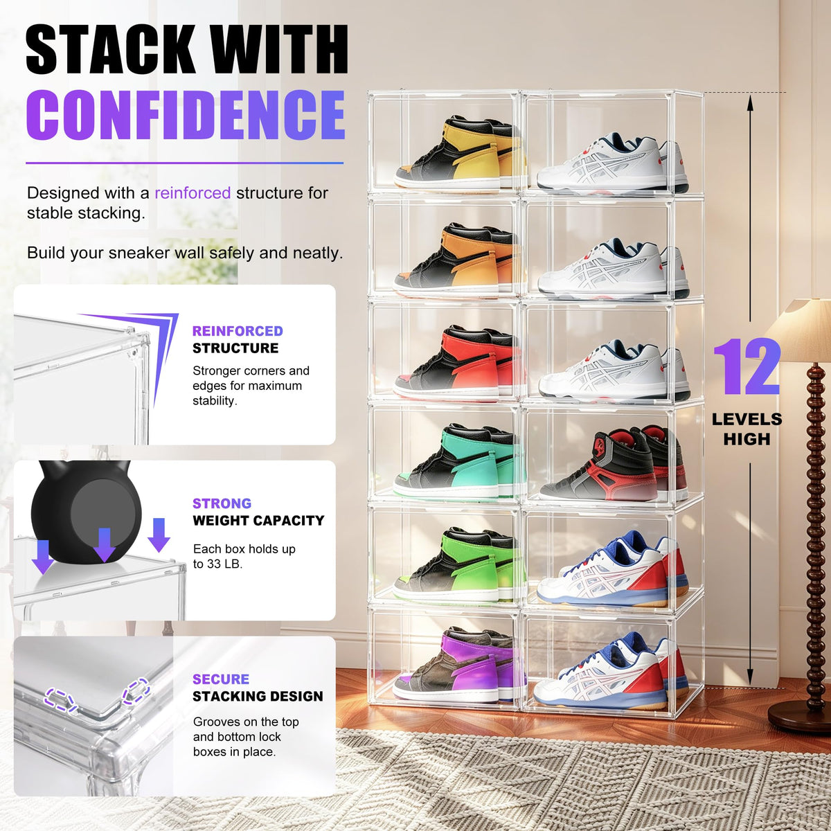 10 Pack Clear Acrylic Shoe Sneaker Boxes Fits Size 13 (10 Count)