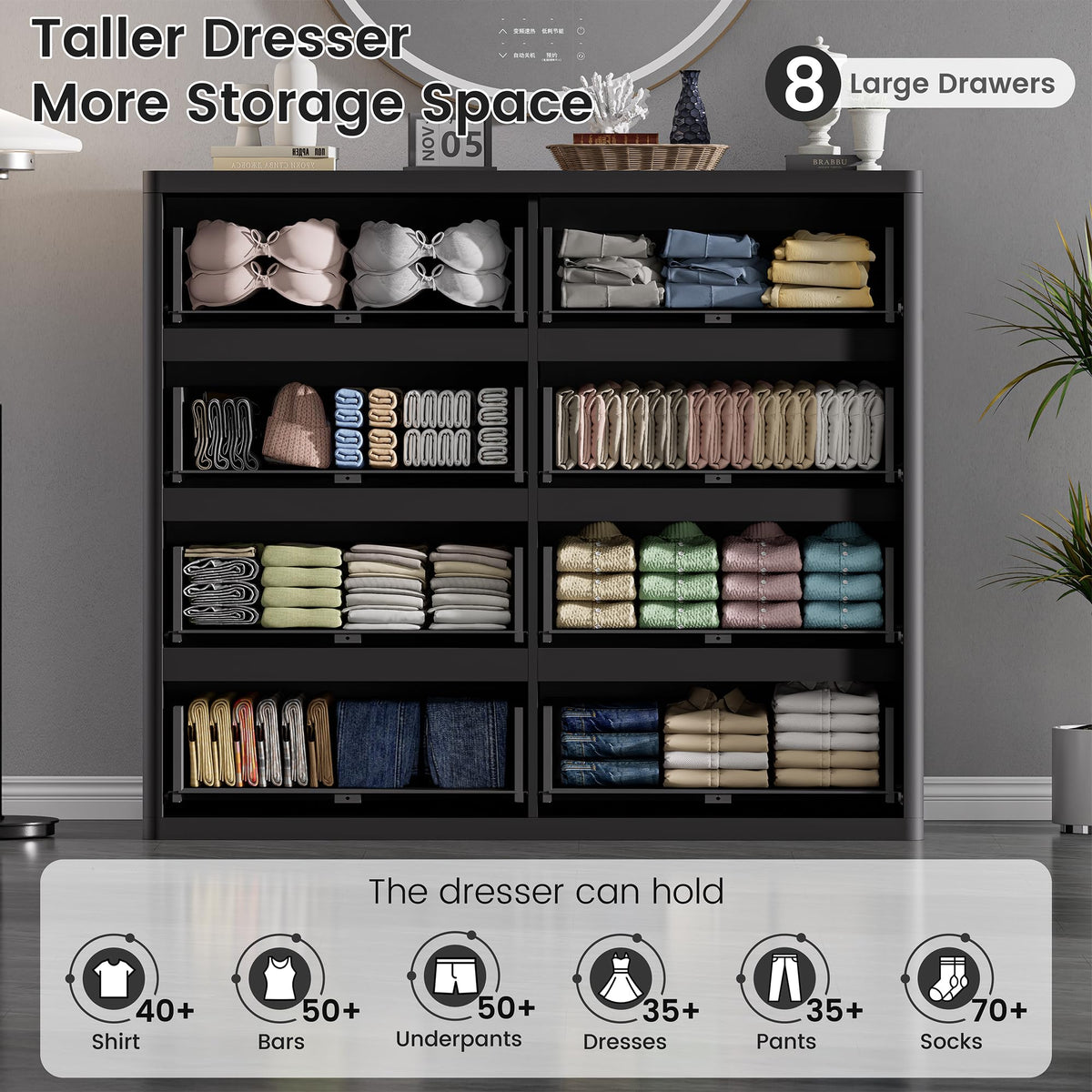 Black 8 Drawers Dresser for Bedroom