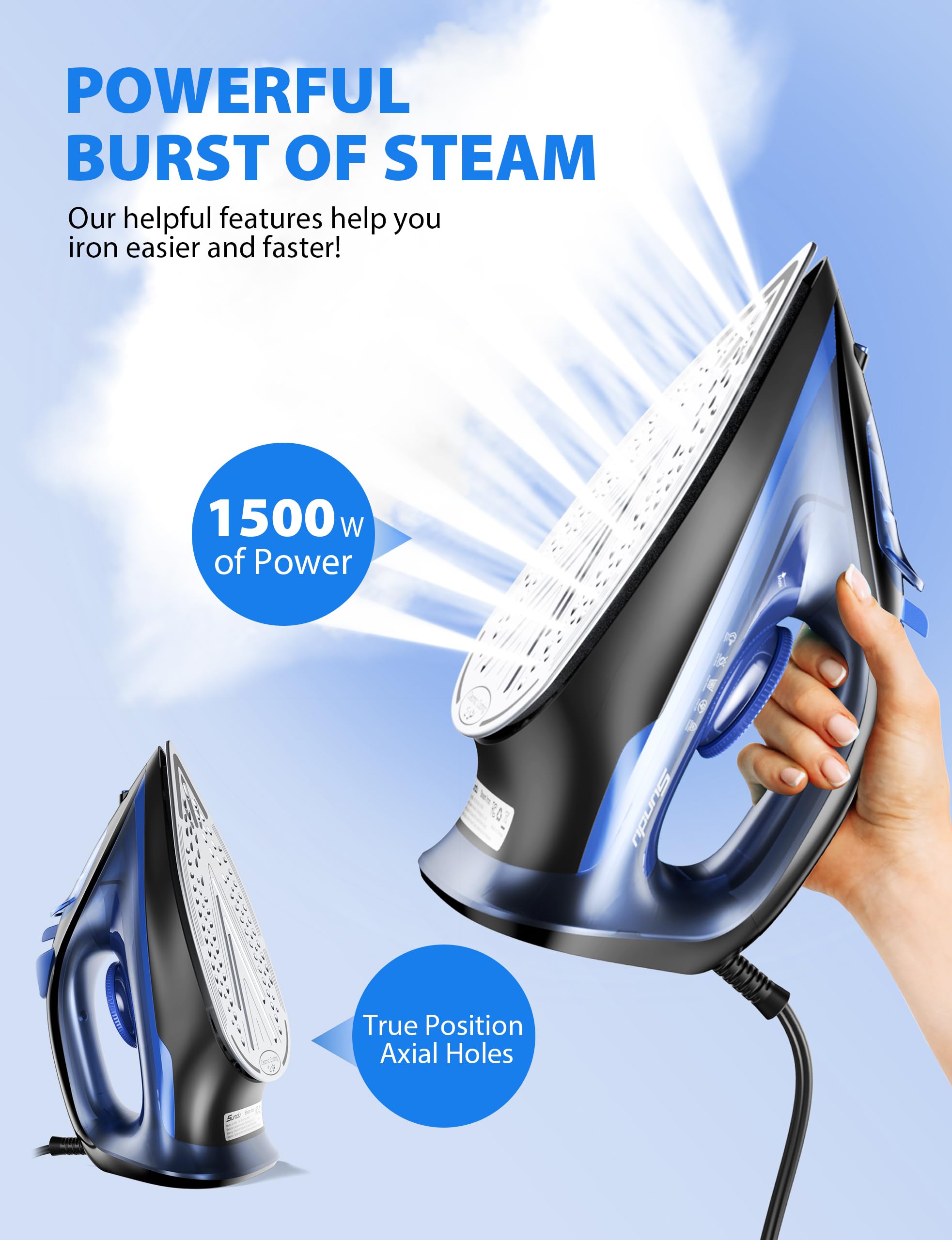 Steam Iron for Clothes with Rapid Heating Ceramic Coated Soleplate