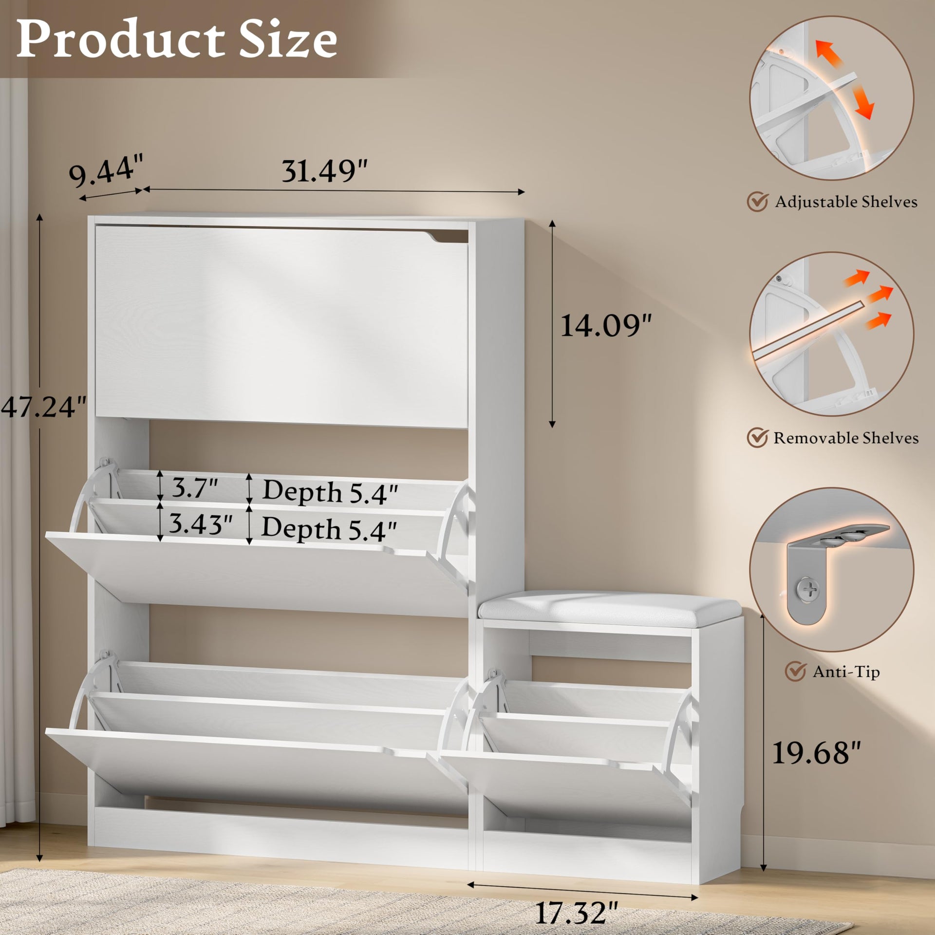 Shoe Cabinet with Bench and 3 Flip Drawers