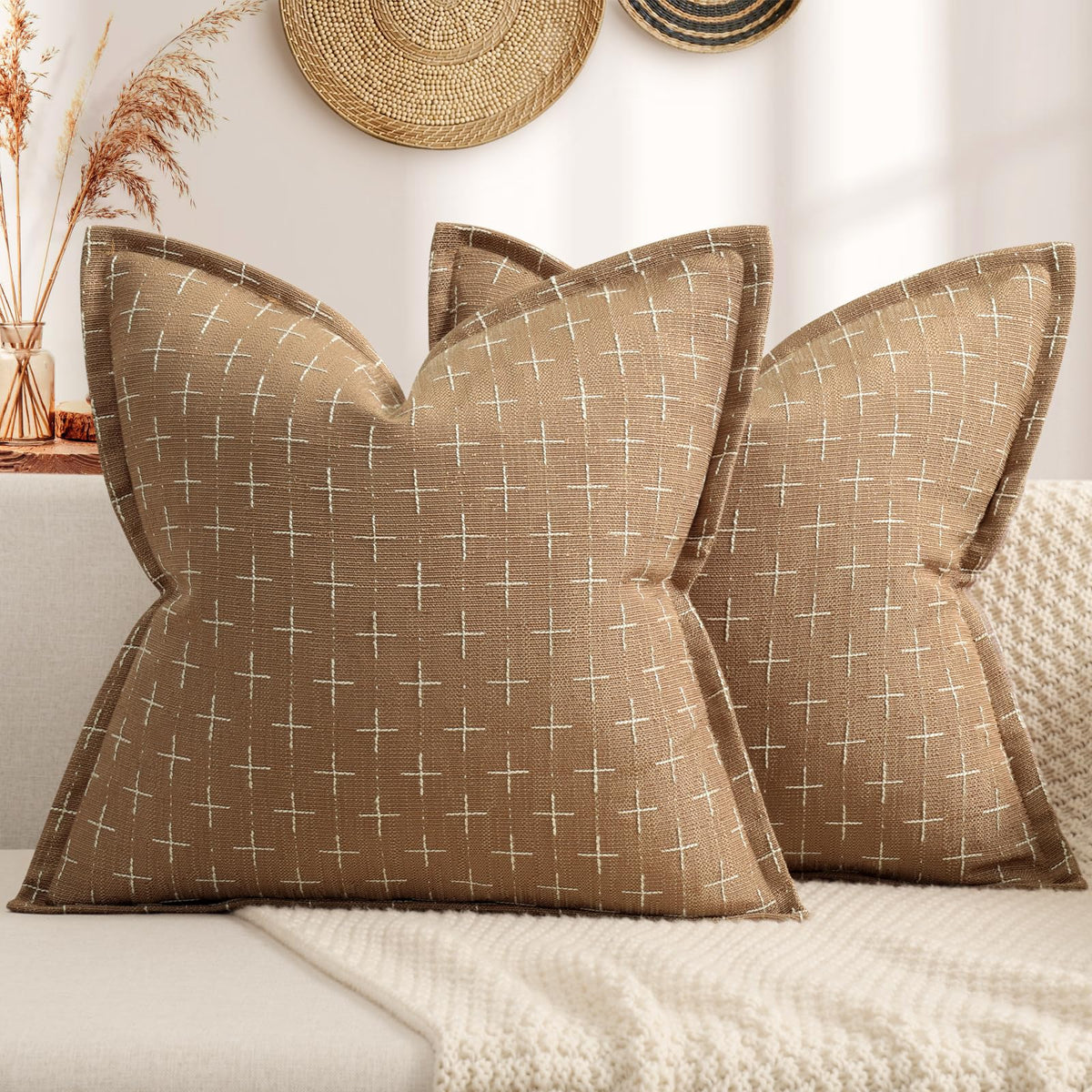 Throw Pillow Pillow Covers 20x20 Set of 2 Soft Polyester Textured Pillow Covers with Stylish Flange Edge Cozy Farmhouse Throw Pillows for Couch Bed Sofa Living Room
