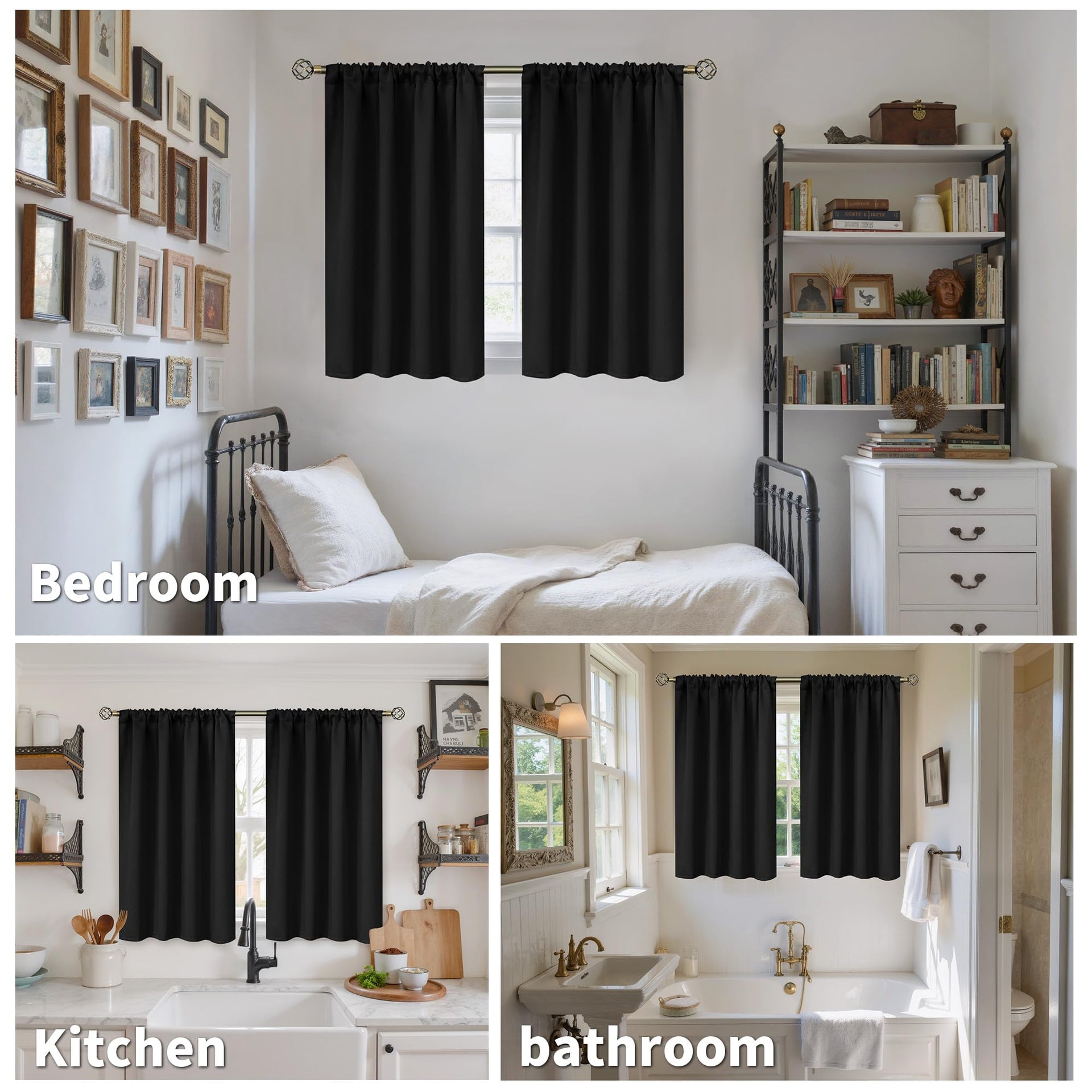 Black Curtains 36 Inches Long for Kithchen Windows Over Sink (2 Count)