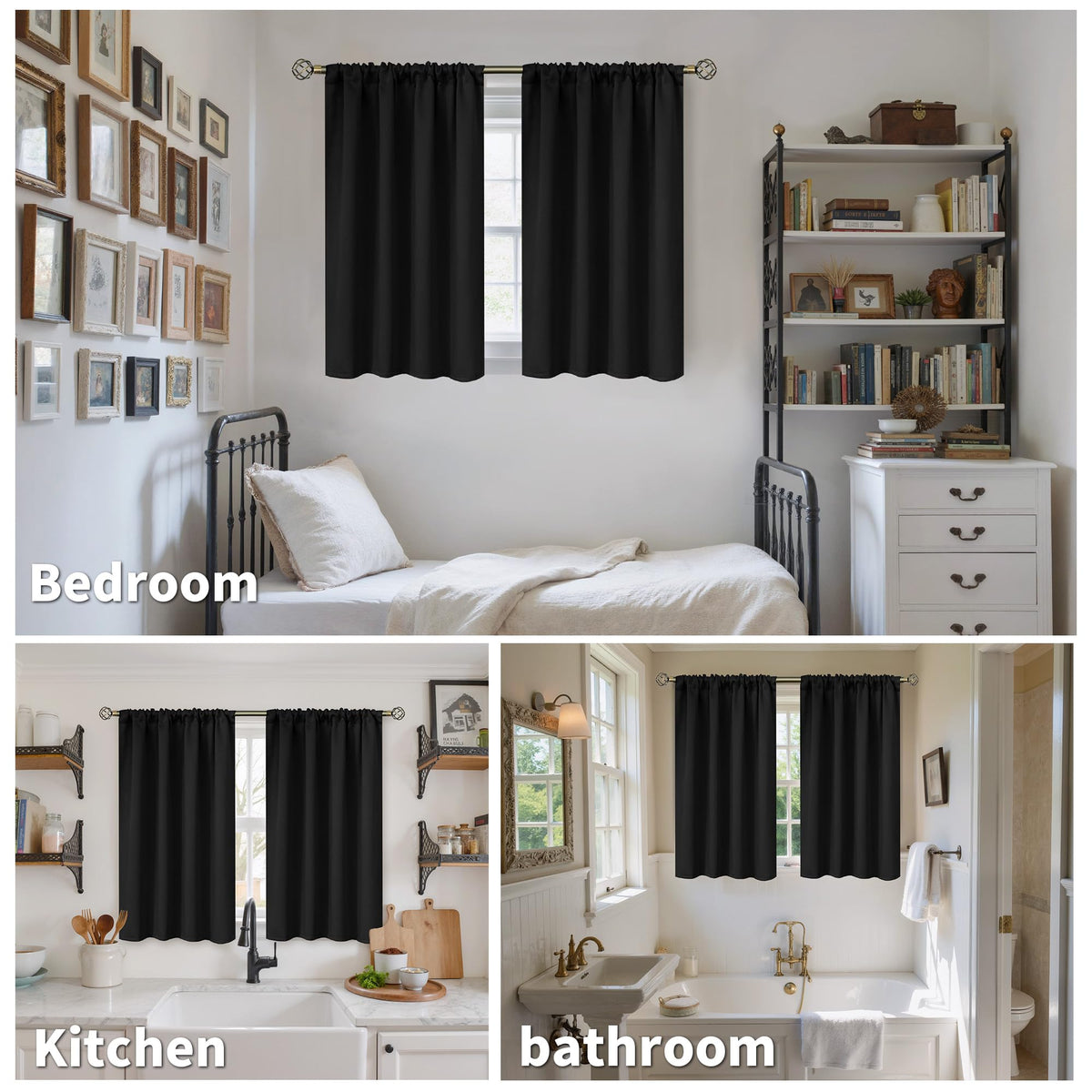 Black Curtains 36 Inches Long for Kithchen Windows Over Sink (2 Count)
