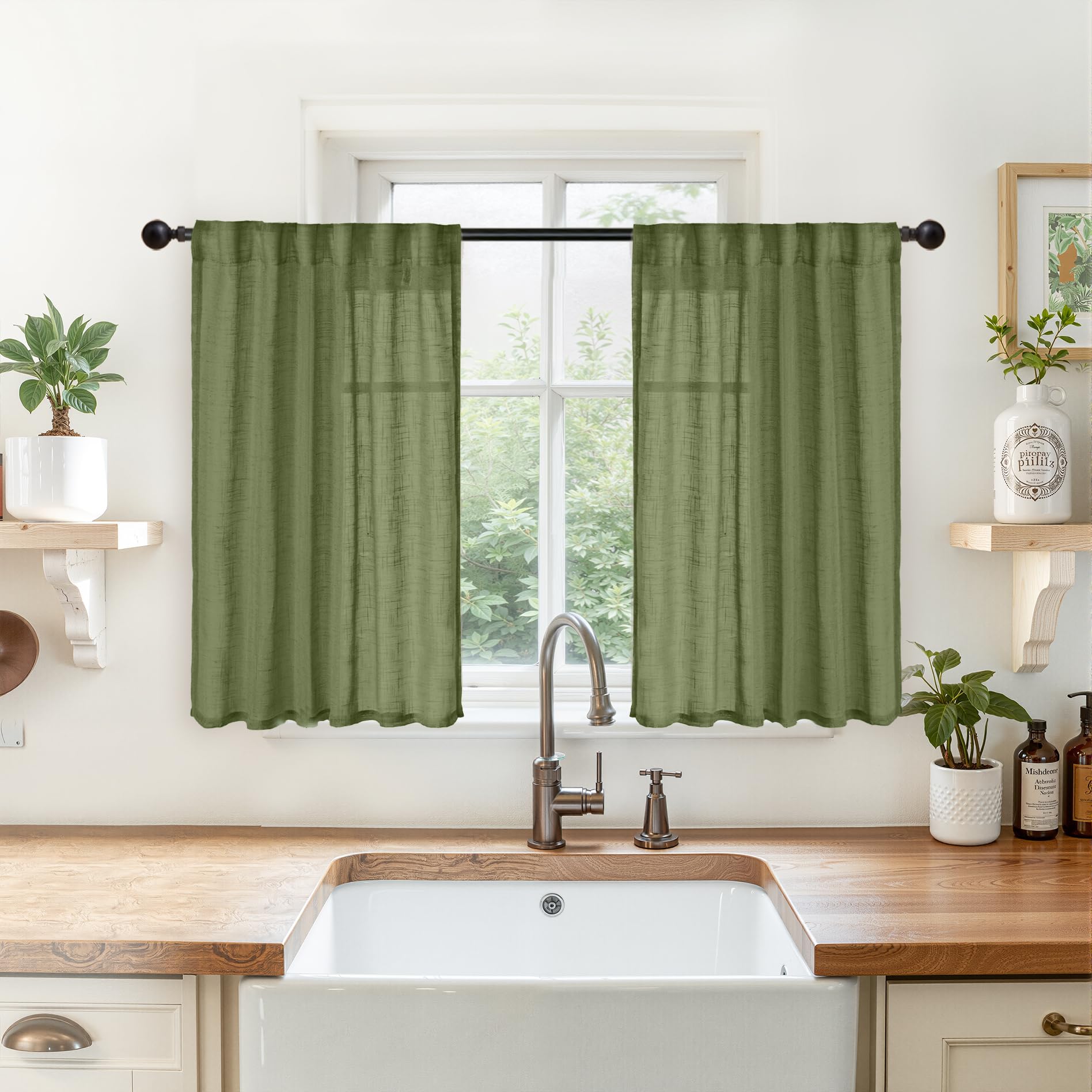 Olive Green Linen Kitchen Window Curtains 36 Inch Length (2 Count)