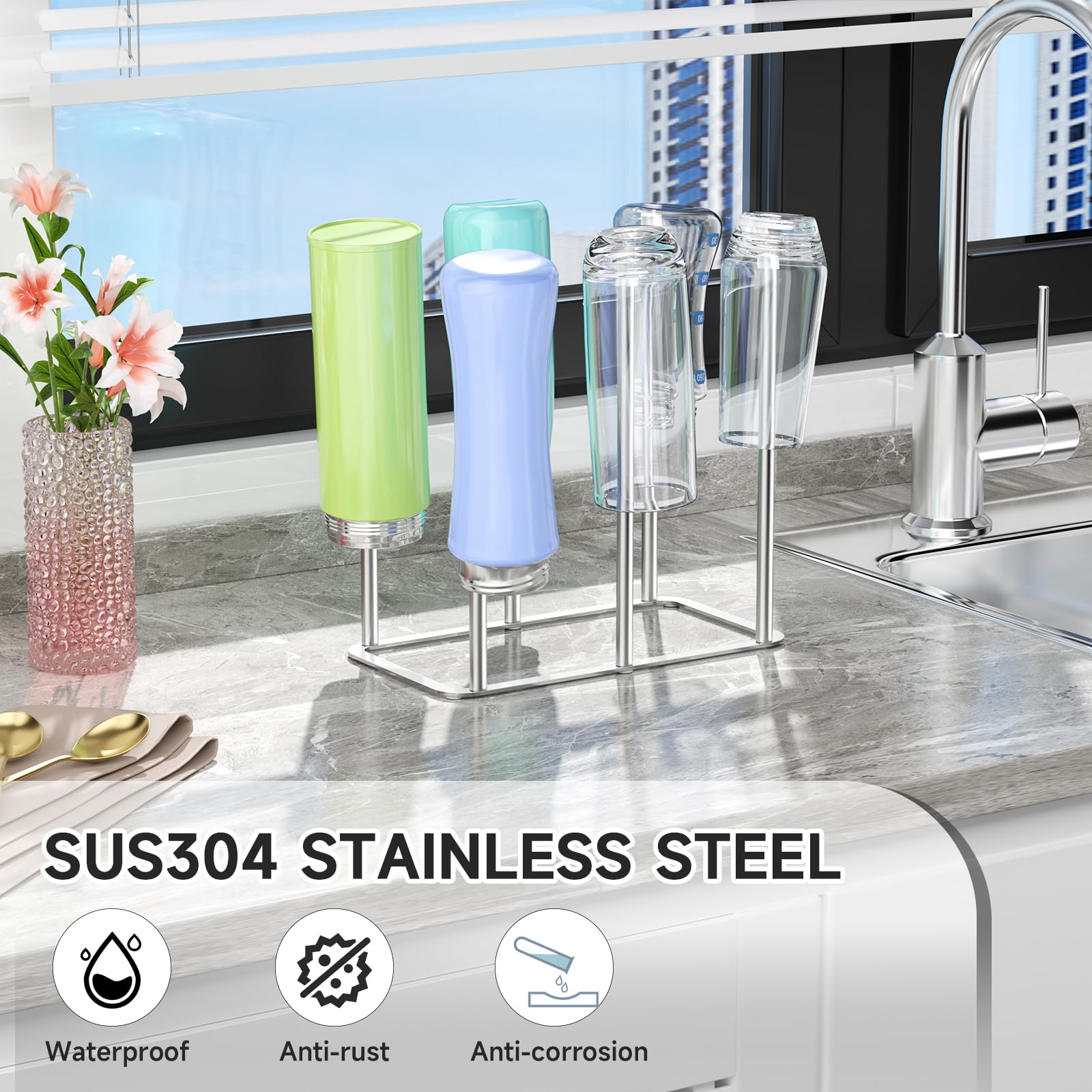 Water Bottle Drying Rack Reusable Bottle Rack Dryer Kitchen Stand Holder Metal Countertop Baby Bottle Drying Rack Water Cup Drying Rack for Plastic Bags