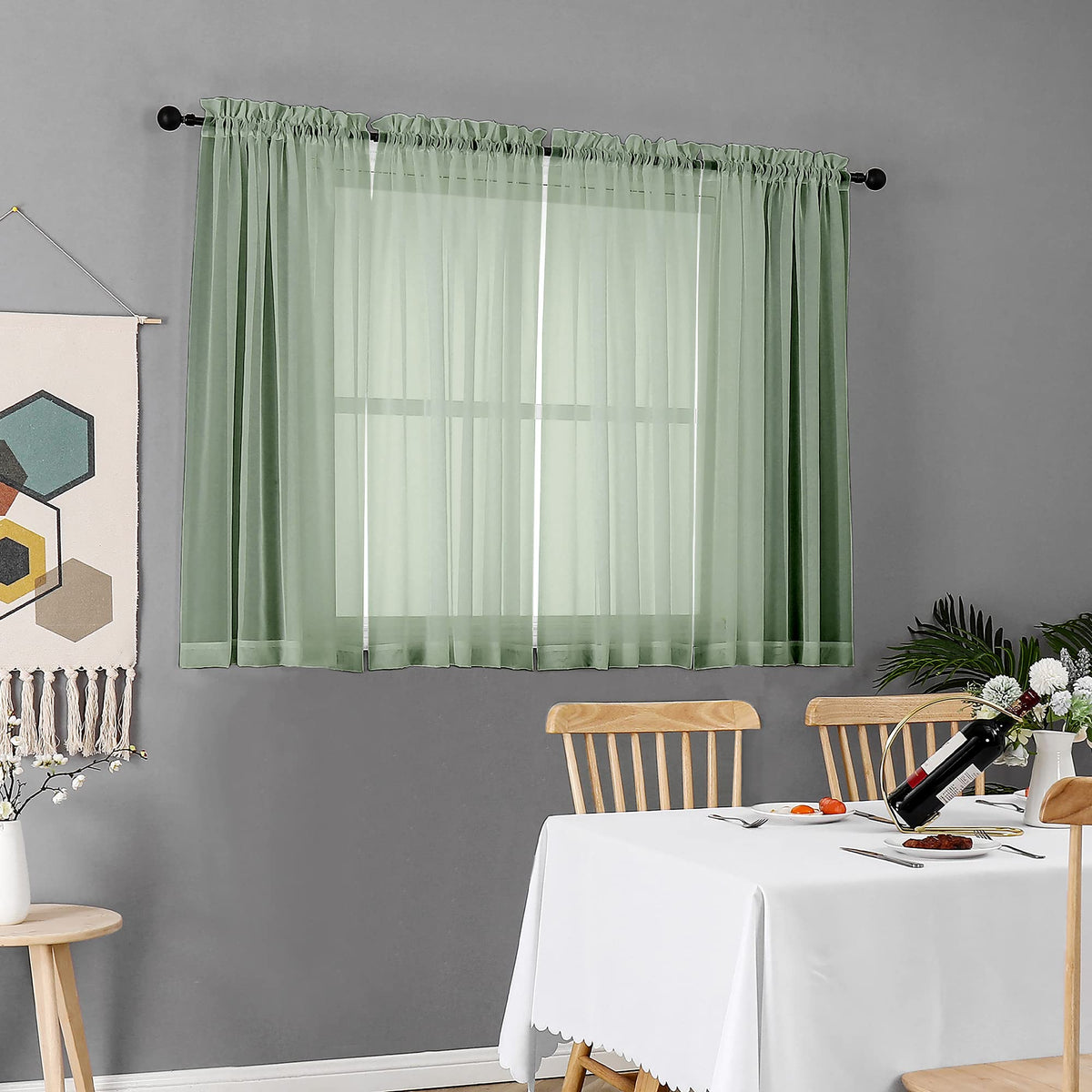 Sage Green Sheer Curtains 45 Inch Long 2 Panels