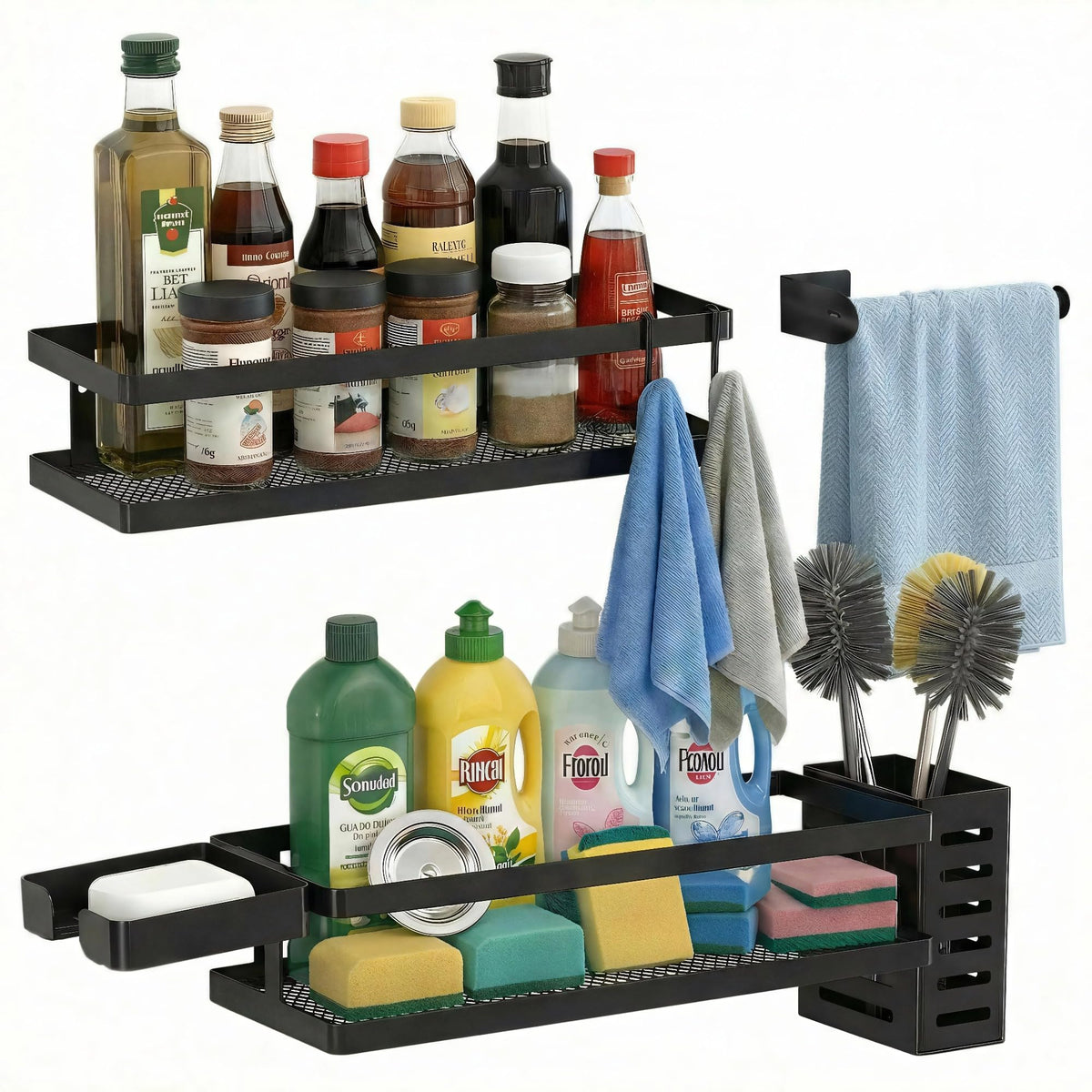 5-in-1 Shower Caddy & Kitchen Organizer Set, Wall Mount Wide Spice Rack with Paper Towel Holder, Utensil Holder, Soap Dish, Rustproof Mesh Baskets Hold 50LBS - Matte Black, Guardrail