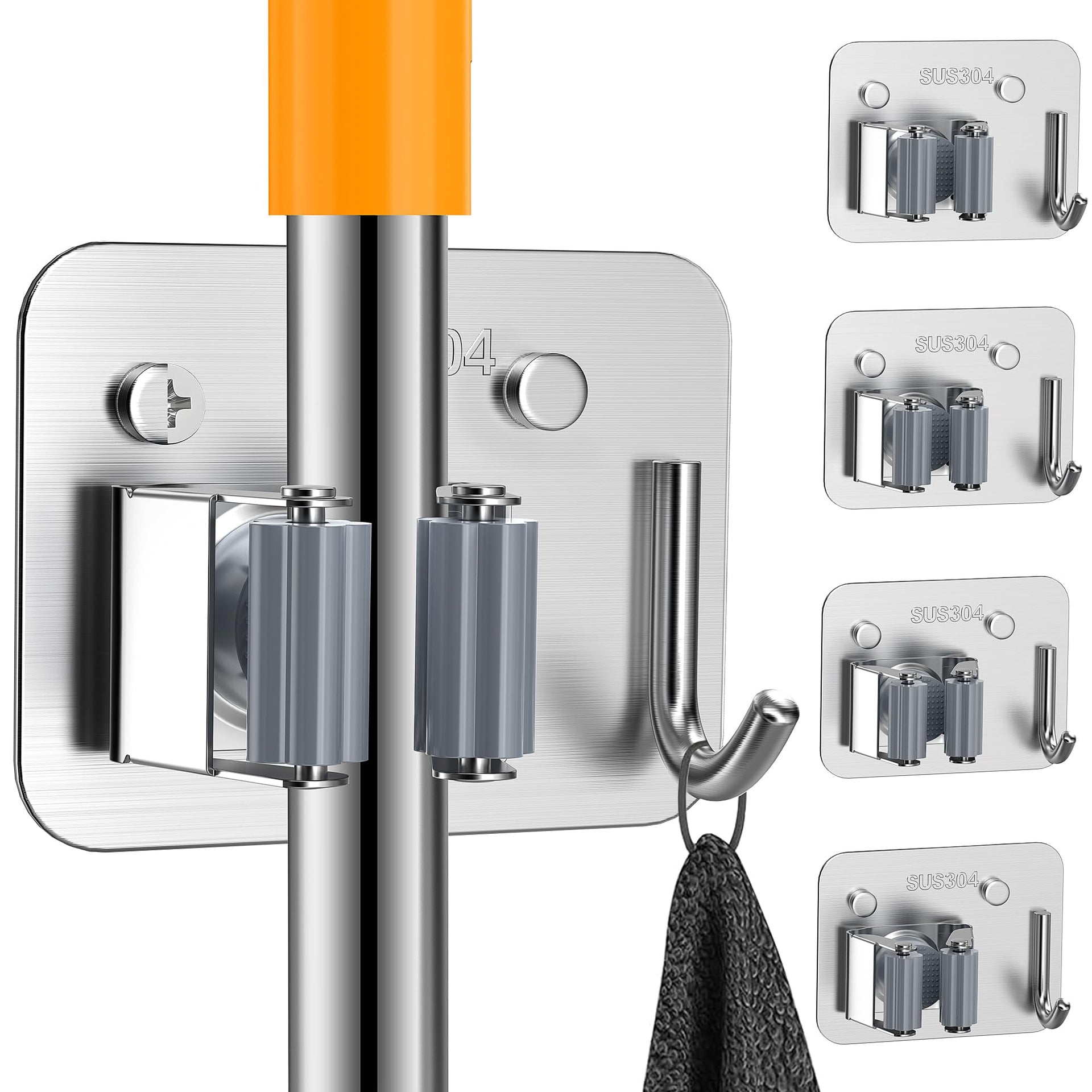 4 Pack Stainless Steel Heavy Duty Broom Holder Wall Mount with Hook (4 Count)