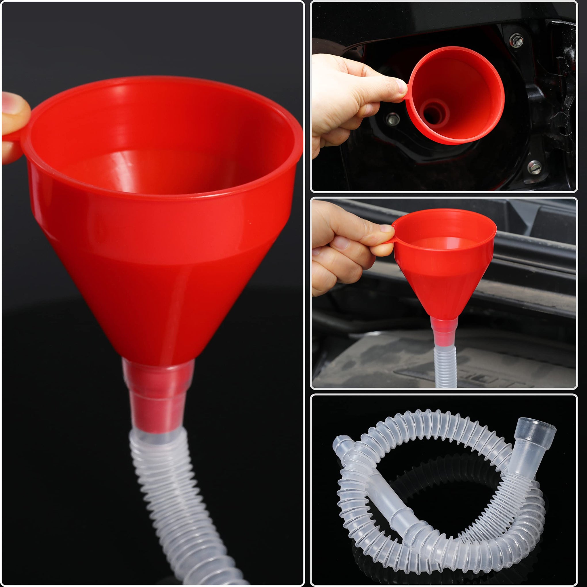 Small Flexible Fuel Funnel with Long Hose Plastic Wide Mouth Filling Funnel Car Funnel for Engine Oil Gas Fuel Gasoline Diesel Water Fluid Liquid Transmission Red Wide Diameter 3.15inch