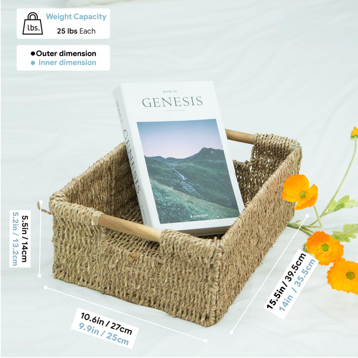 Large Natural Wicker Basket Rectangular with Wooden Handles