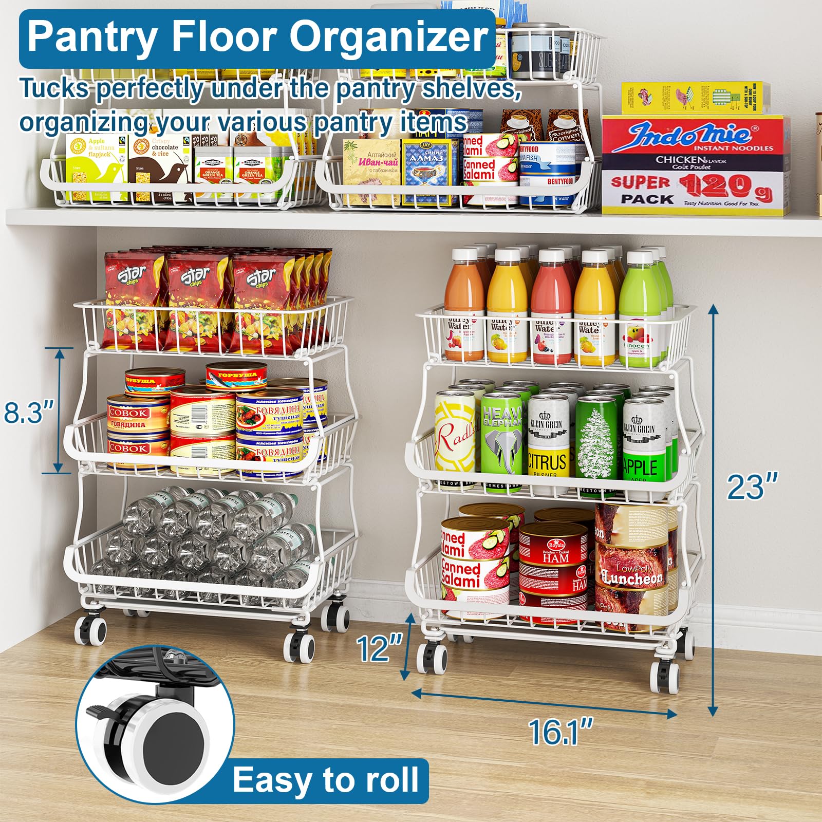 3 Tier Rolling Pantry Floor Organizers and Storage Cart with Wheels