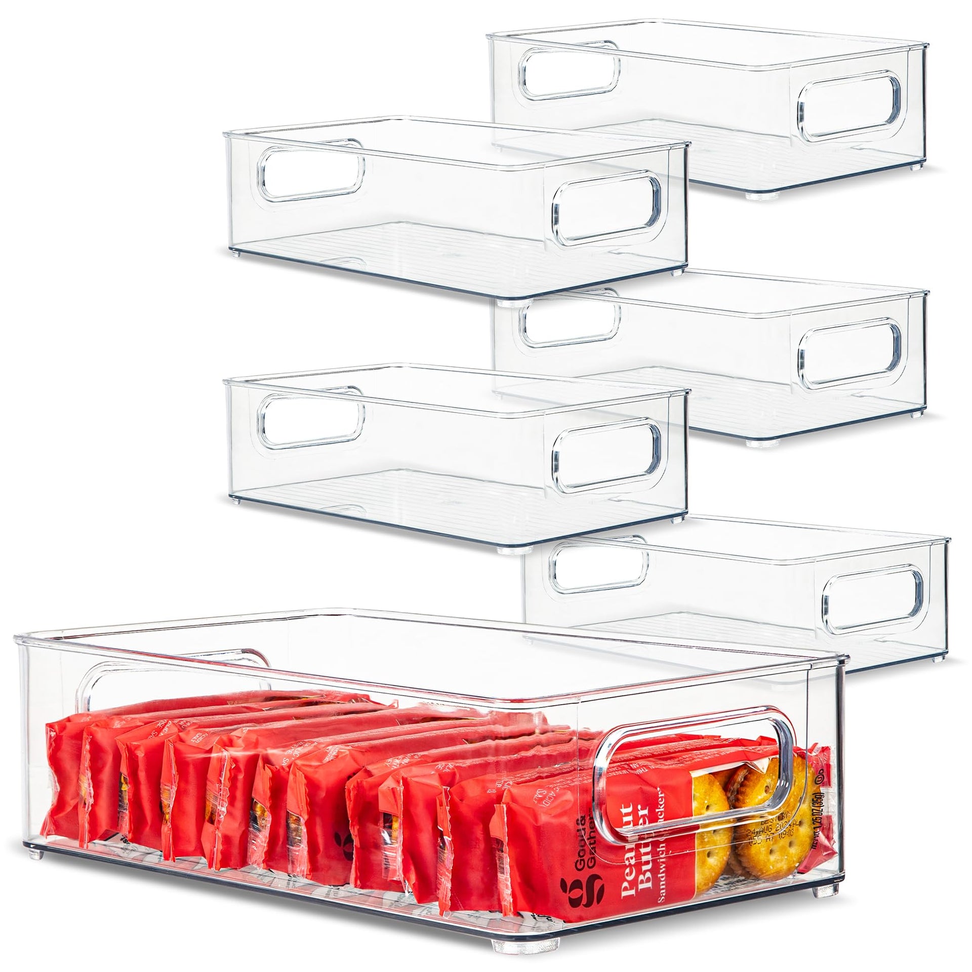 Plastic Food Storage 6 Pack Clear Container Bin with Handles for Organizing Kitchen (6 Count)