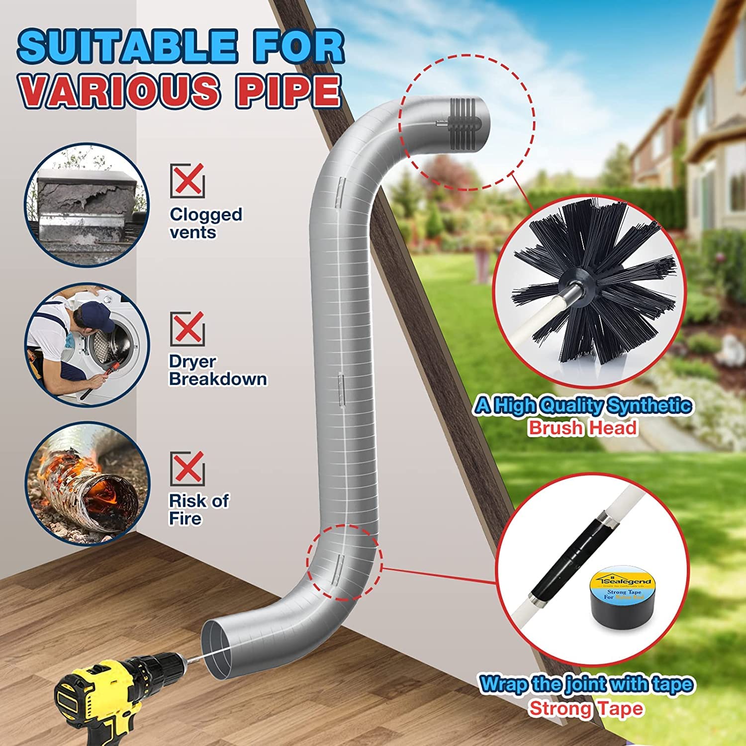 15 Piece Dryer Vent Cleaner Kit Omnidirectional Dryer Cleaning Kit Include 30 Feet Dryer Vent Brush (15 Count)