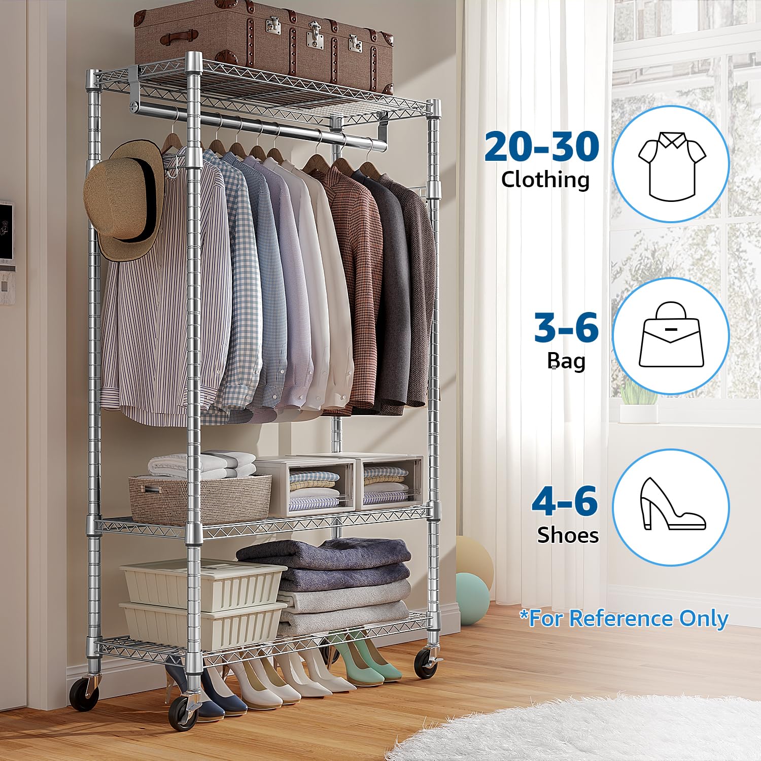Heavy Duty Rolling Garment Rack 3 Tiers Adjustable Wire Shelving Clothes Rack with Rods and Side Hooks