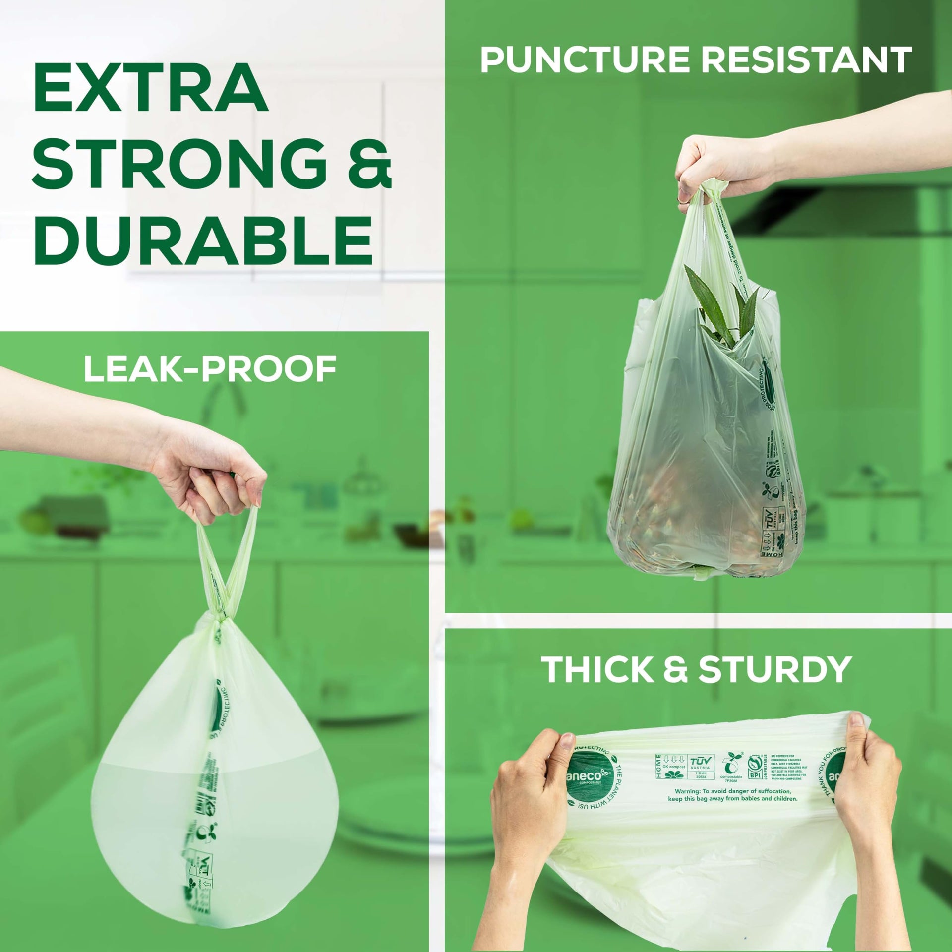 100% Compostable Food Waste Bags 1.6 Gallon With Handles (30 Count)