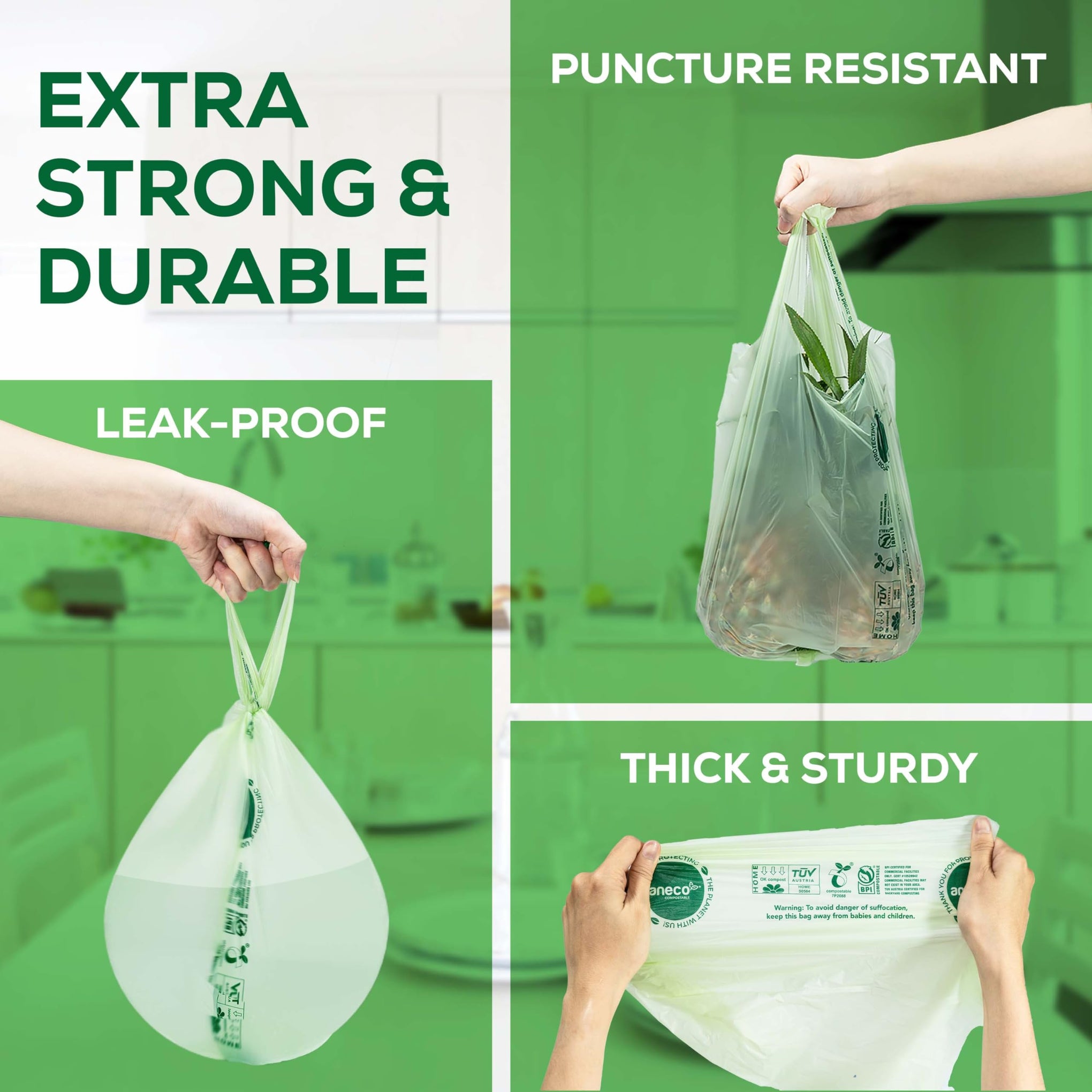 100% Compostable Food Waste Bags 1.6 Gallon With Handles (30 Count)
