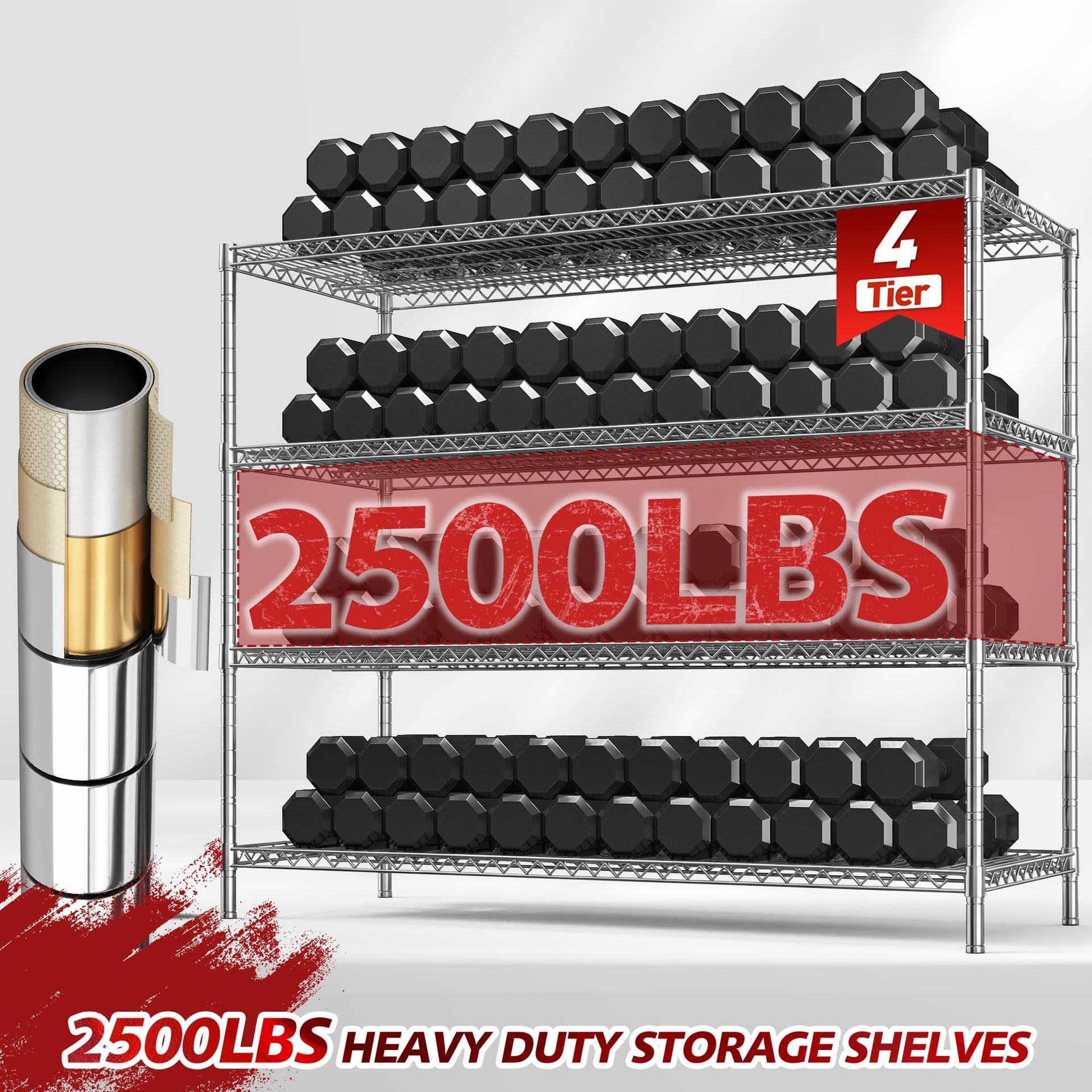 55.5''W Storage Shelves 2500LBS Wire Shelving Unit with Wheels Heavy Duty Metal Shelves for Storage Adjustable Garage Storage Rack Pantry Shelf Kitchen Shelving (4 Count)