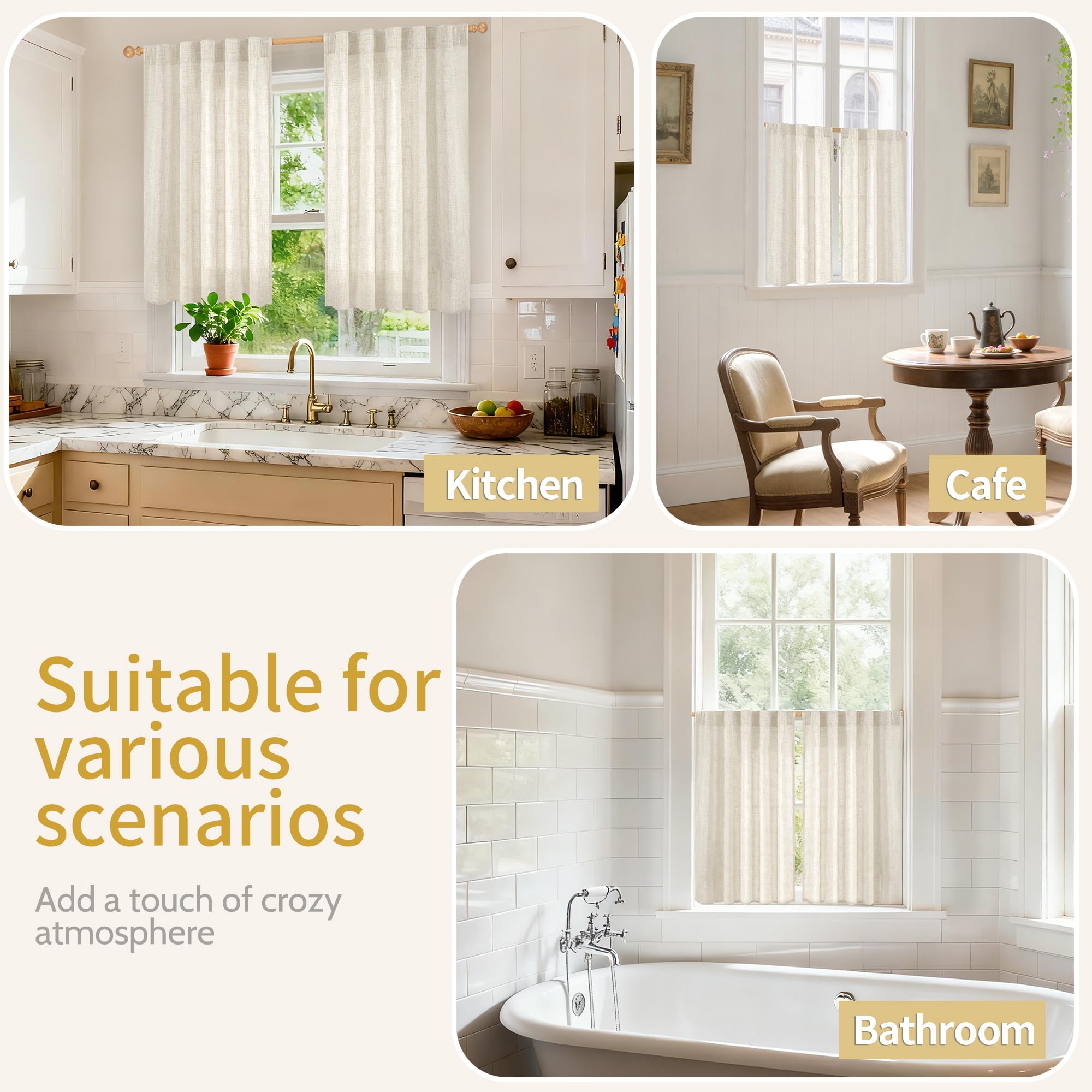 Small Linen Semi Sheer Curtains 36 Inch Length for Kitchen Window (2 Count)