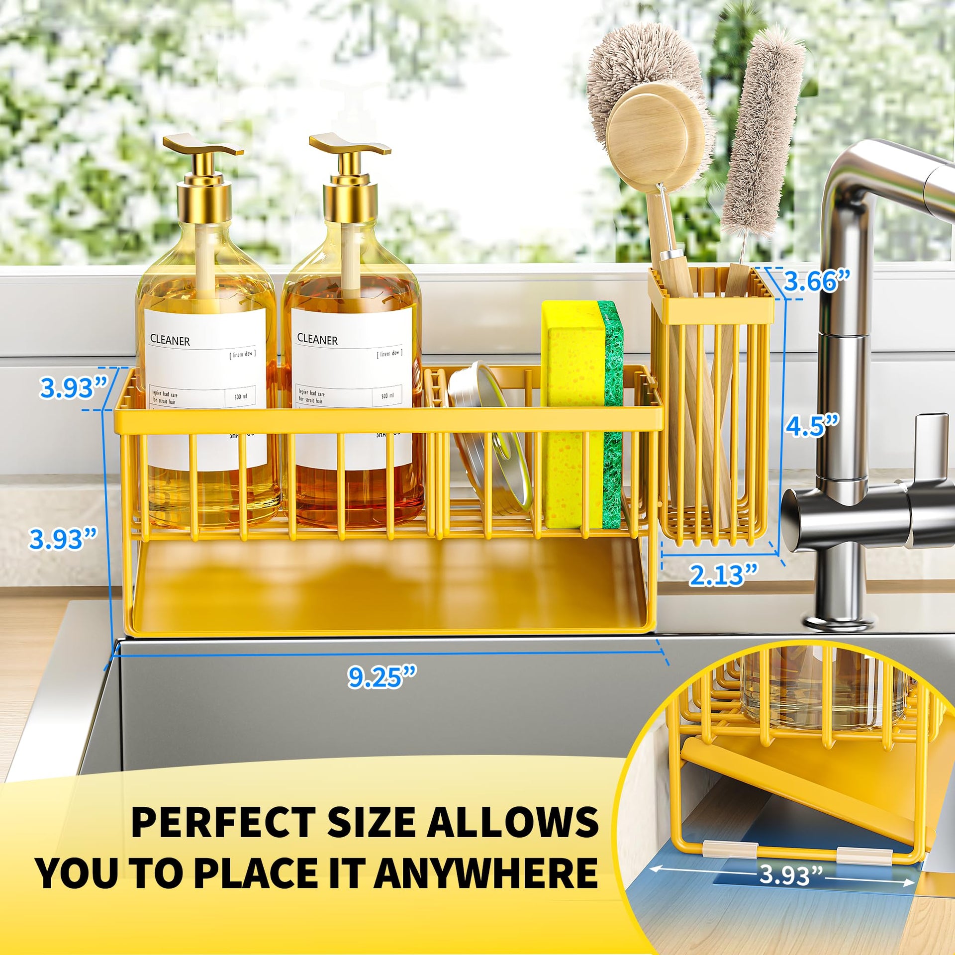 Lemon Yellow Sink Caddy Organzier with High Brush Holder