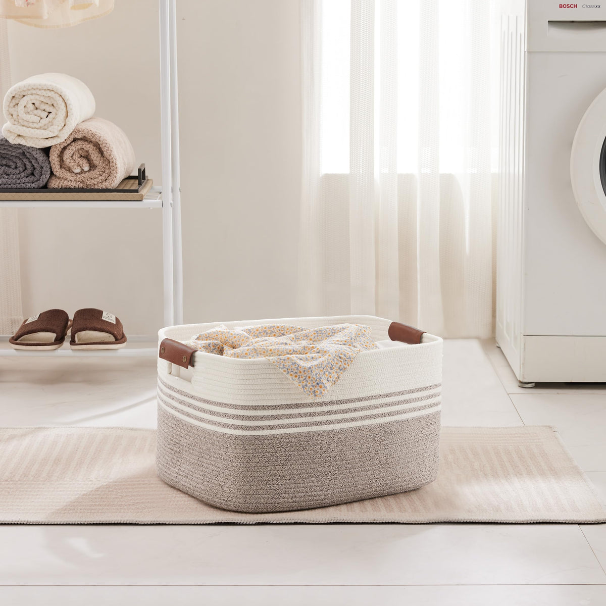 45L Small Woven Laundry Basket Hamper with Leather Handles - ModHome Supplies