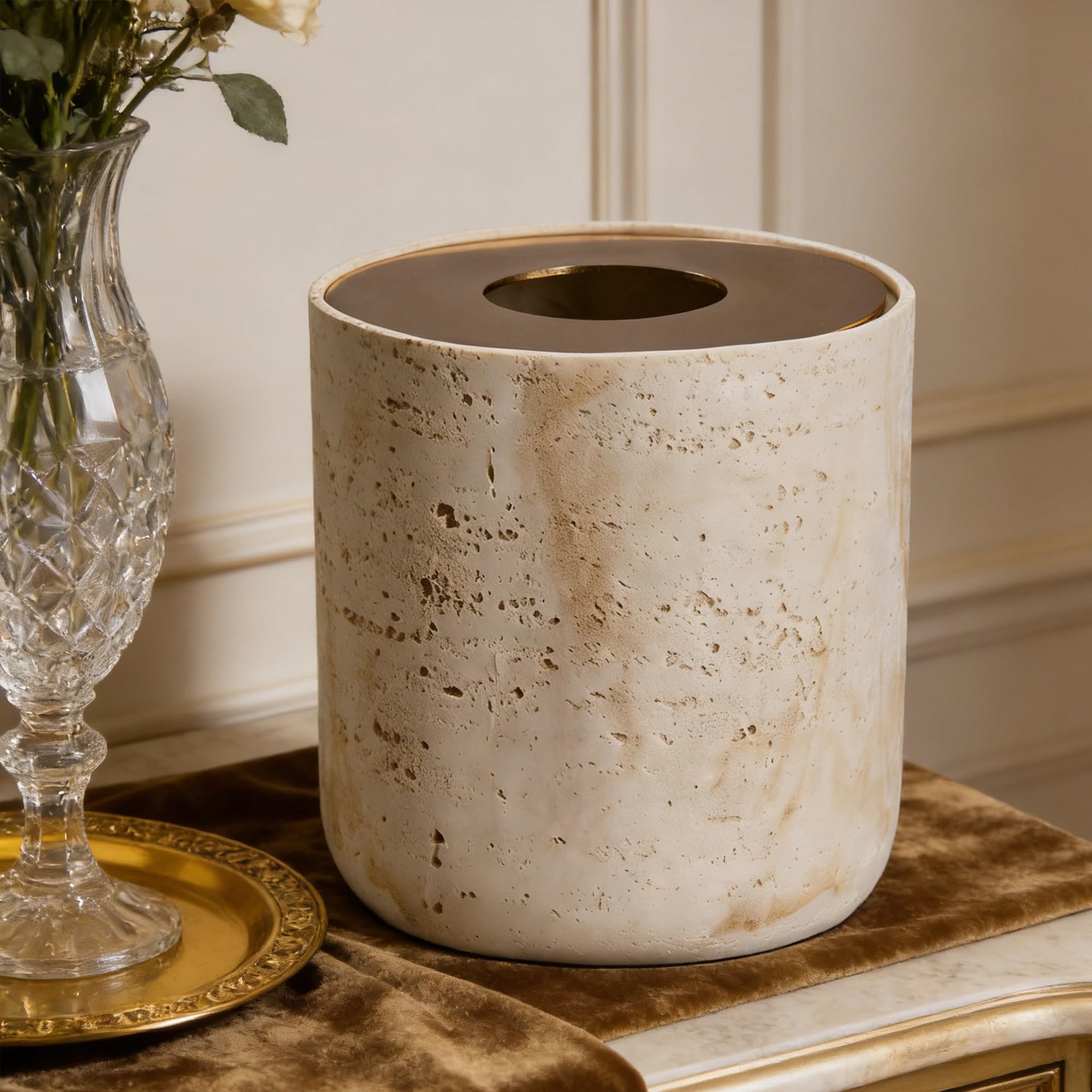 Natural Travertine Textures Mini Trash Can with Rose Gold Stainless Steel Lid