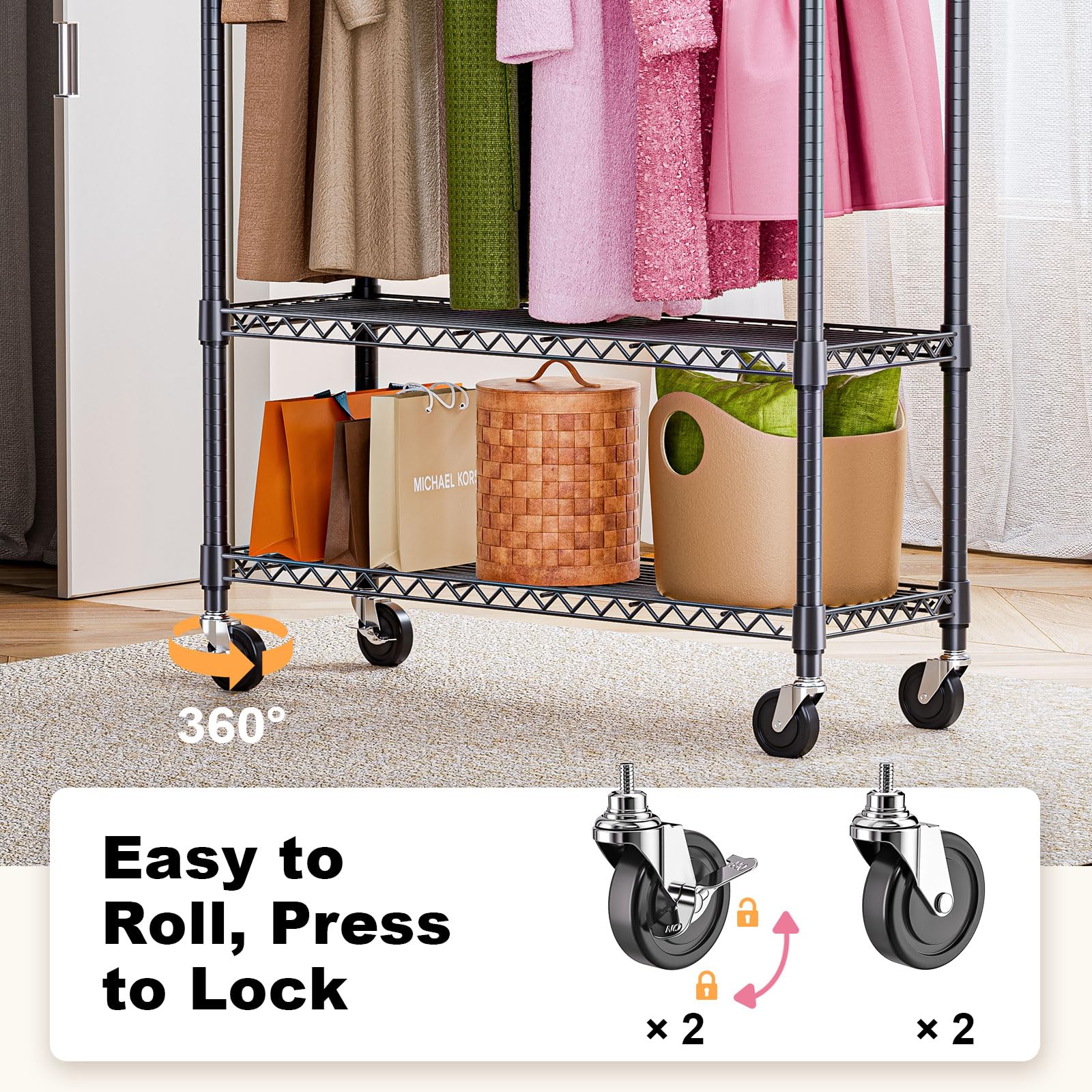 Heavy Duty Rolling Garment Rack 3 Tiers Adjustable Wire Shelving Clothes Rack with 1 Rods and Side Hooks