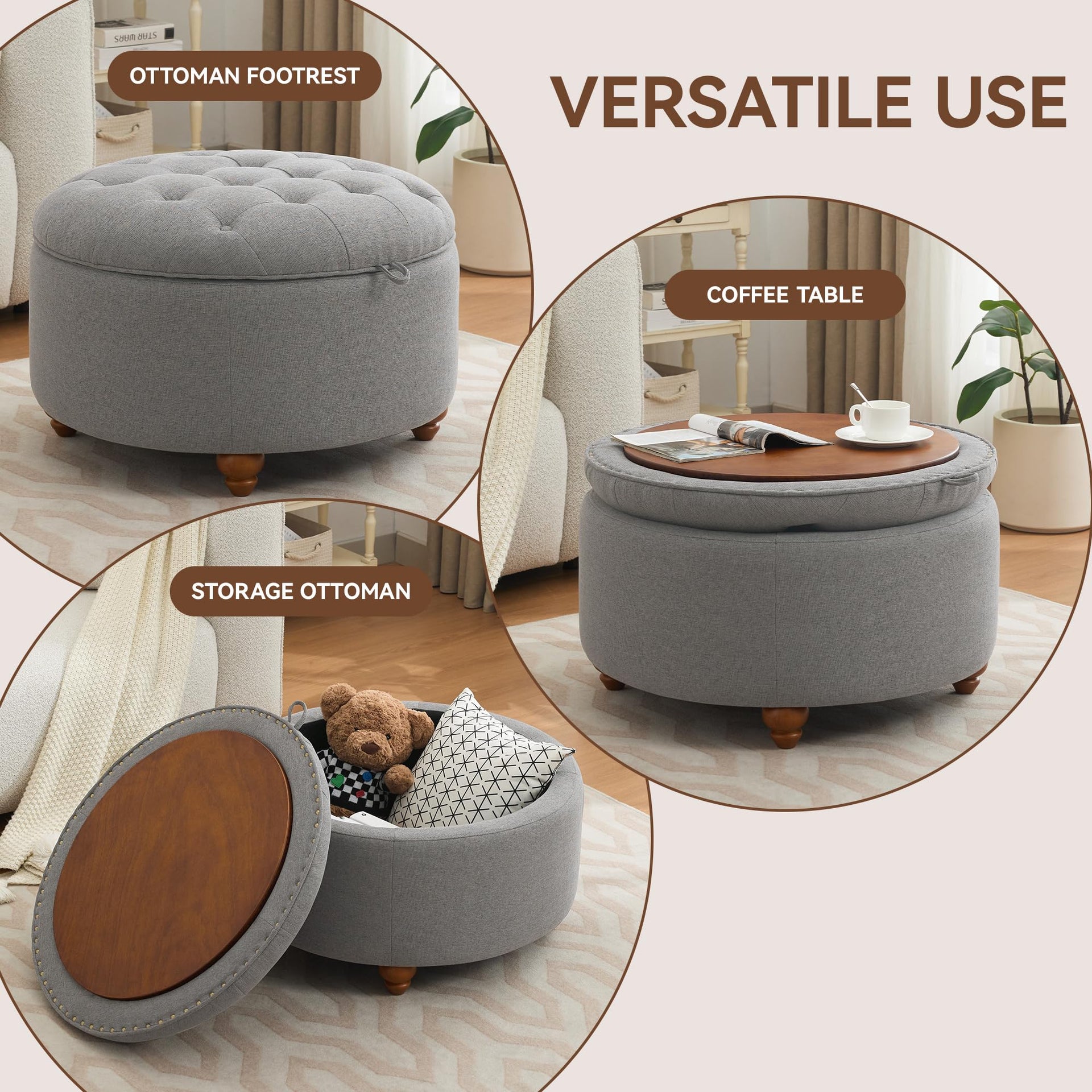 30Inch Round Storage Ottoman with Tray