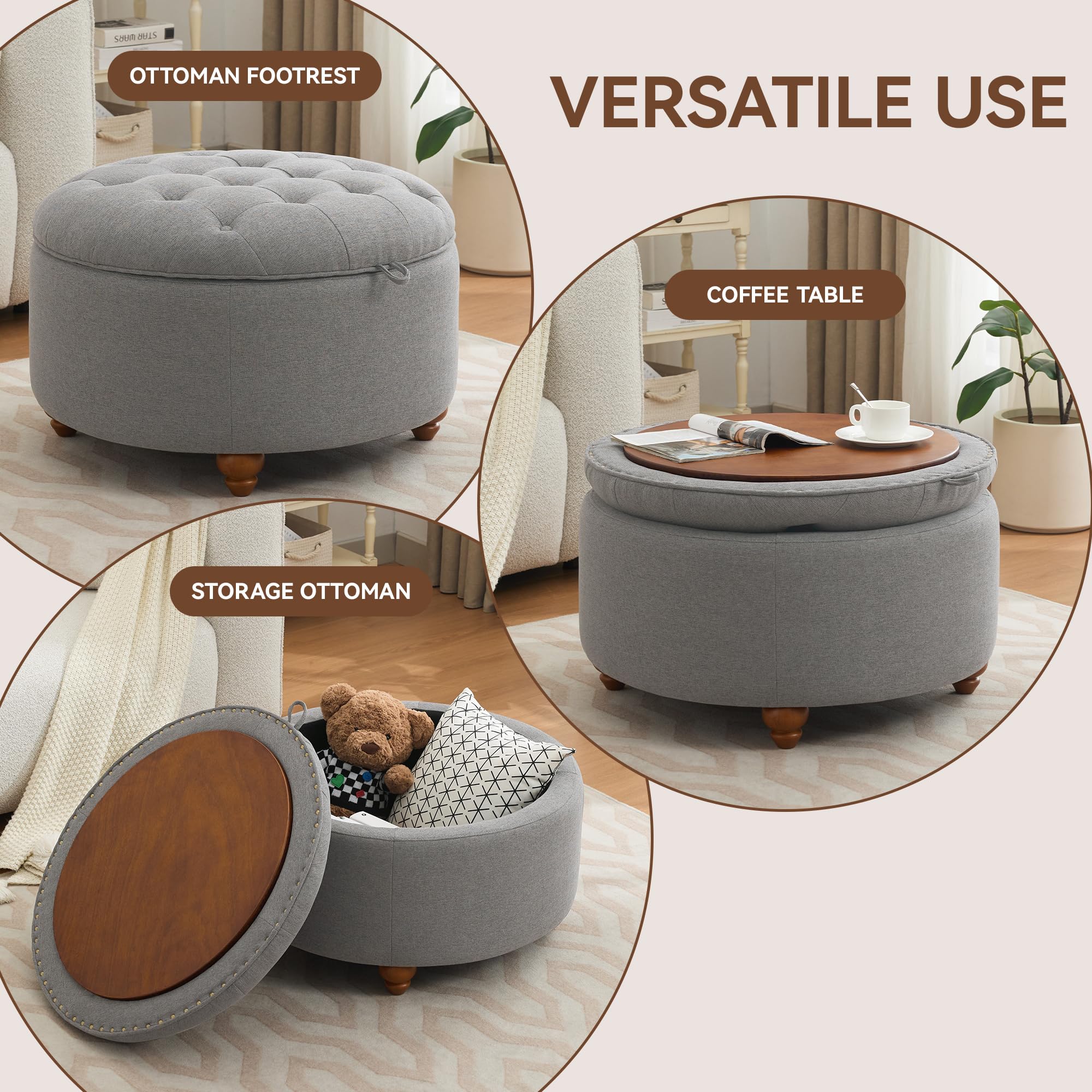 30Inch Round Storage Ottoman with Tray