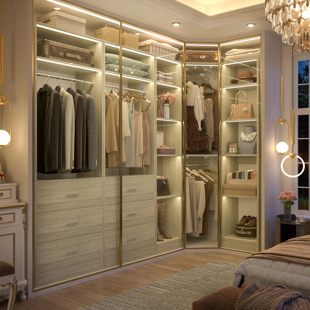 Corner Closet System with 6 Drawers