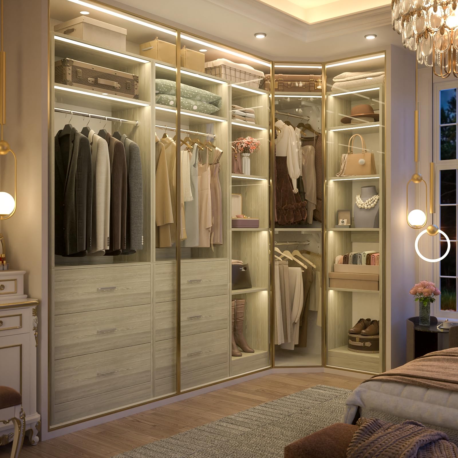 Corner Closet System with 6 Drawers