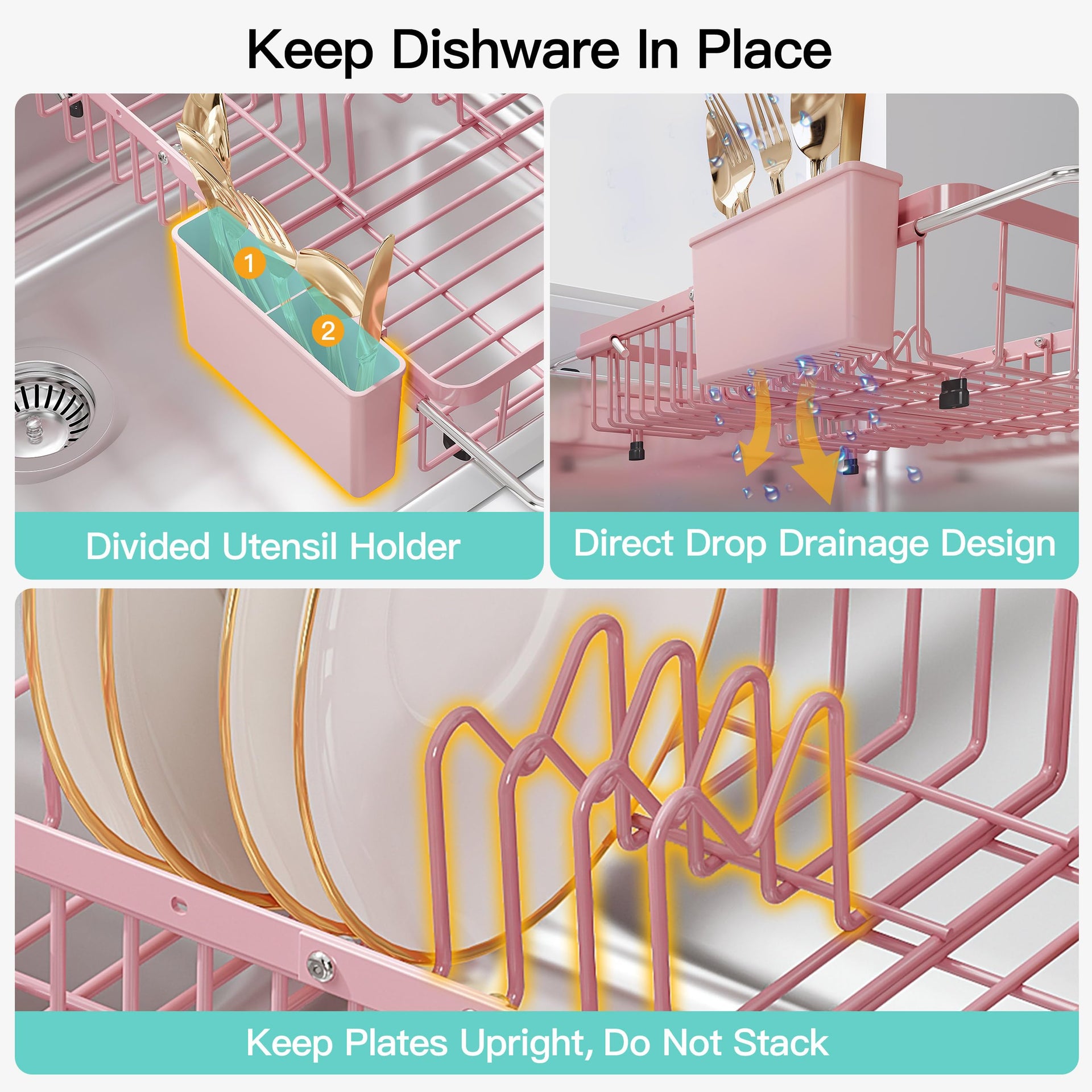 Pink Dish Drying Rack Over the Sink with Utensil Holder