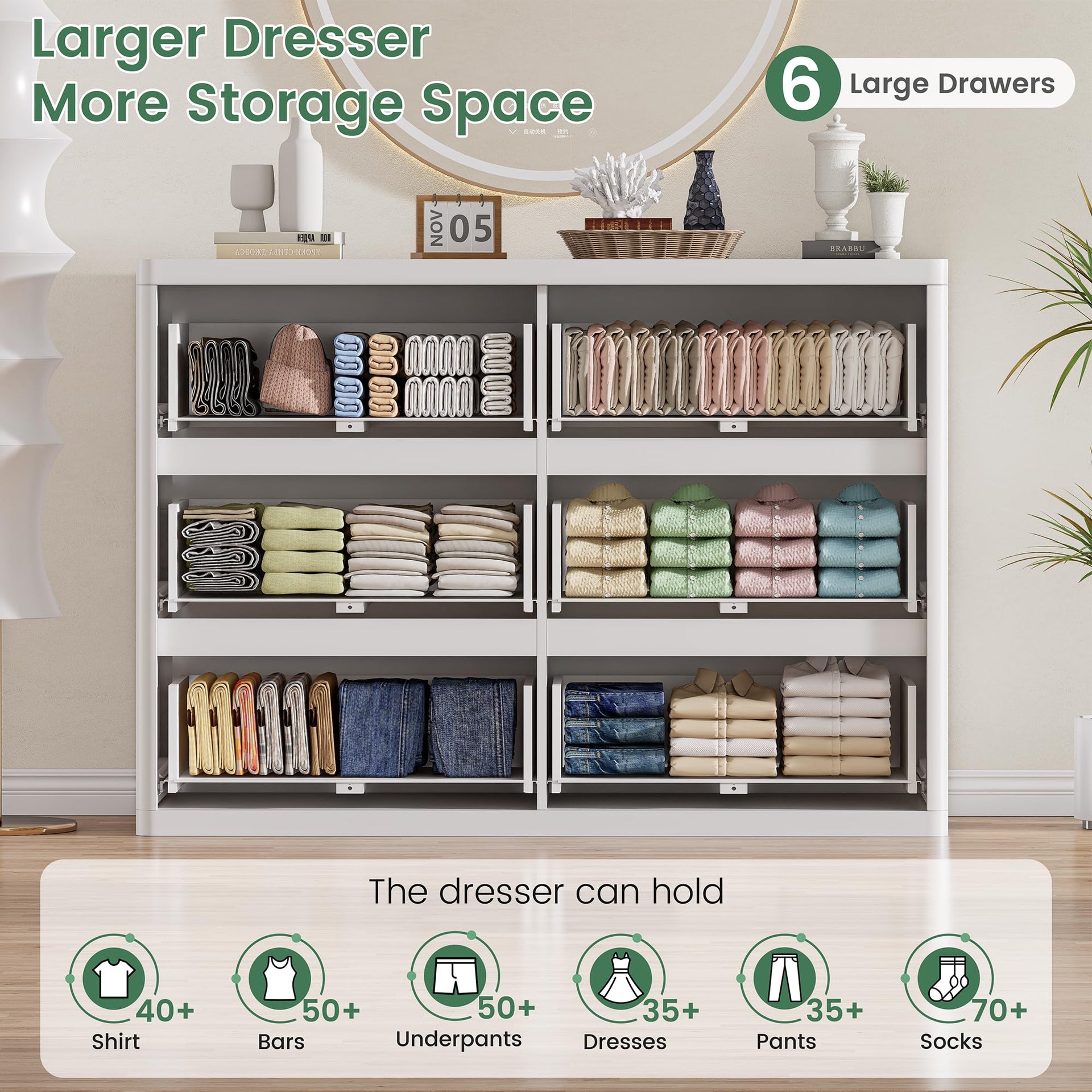 White Fluted Dresser for Bedroom with 6 Drawers