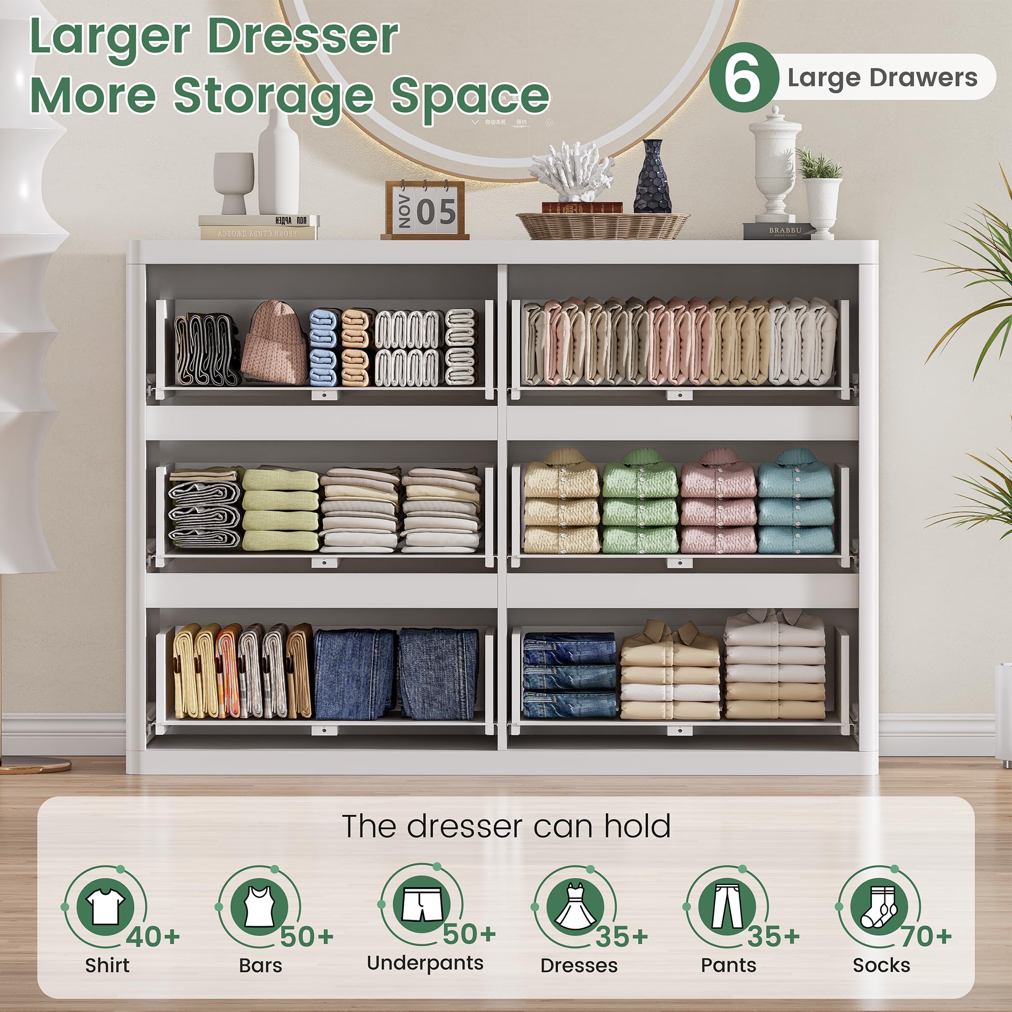 White Fluted Dresser for Bedroom with 6 Drawers