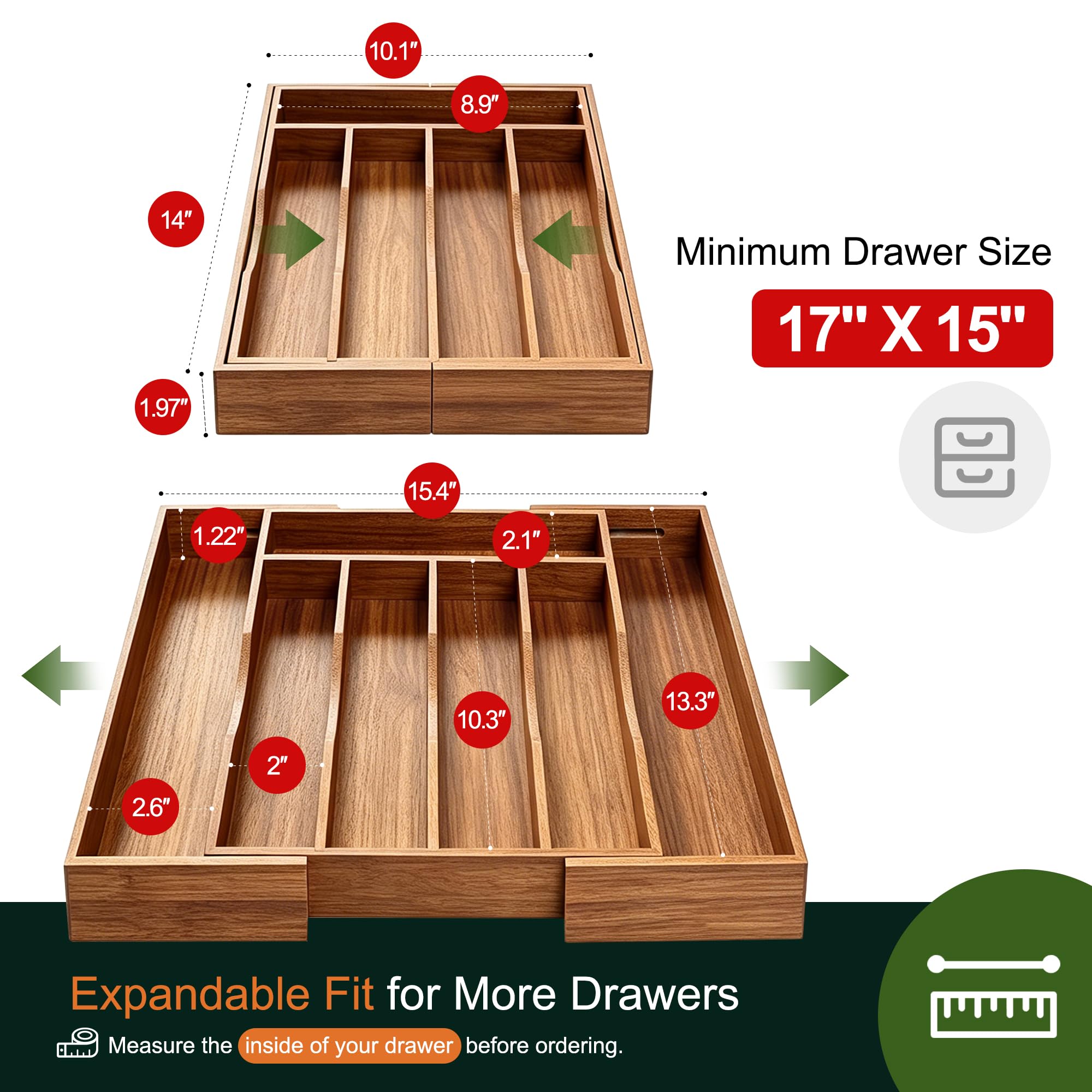 Expandable Acacia Kitchen Drawer Organizer for Cutlery and Utensils