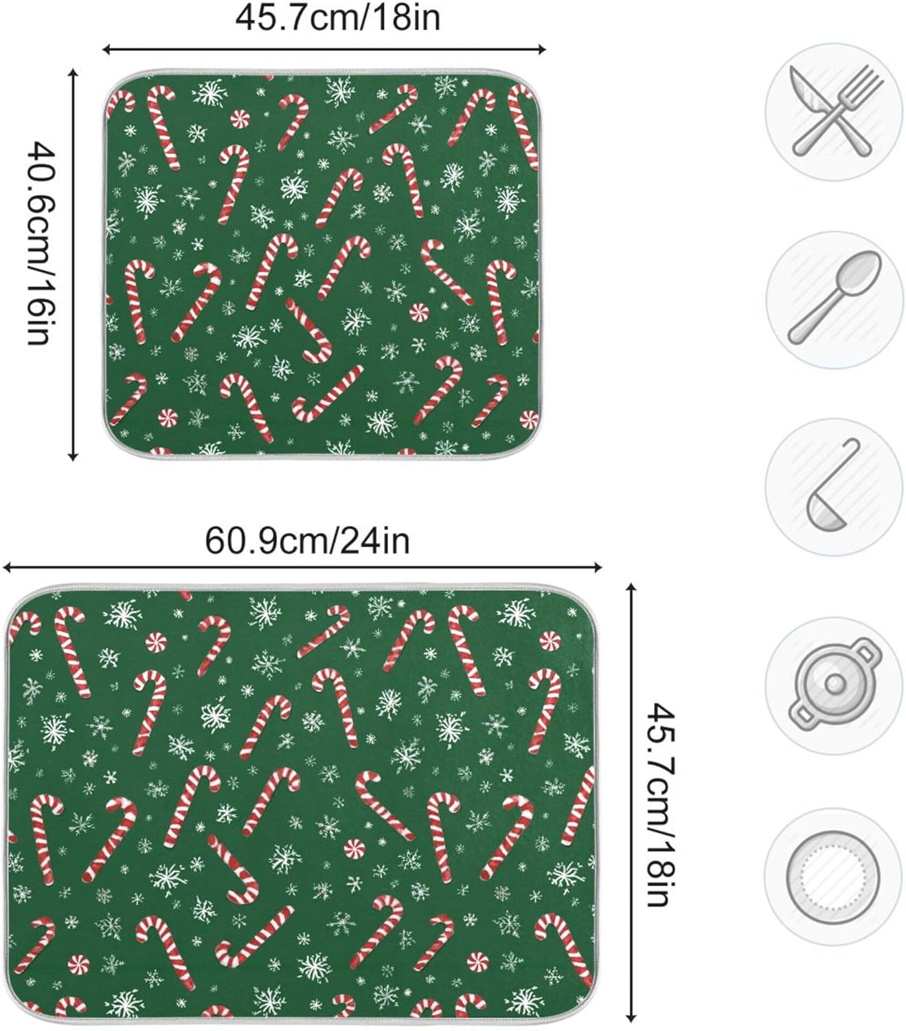 Christmas Candy Cane Dish Drying Mat for Kitchen Countertop 18x24 Winter Snowflake Green Xmas Large Drying Mat Reusable Quick Dry Dish Sink Mats Easy Clean Decorative Essentials