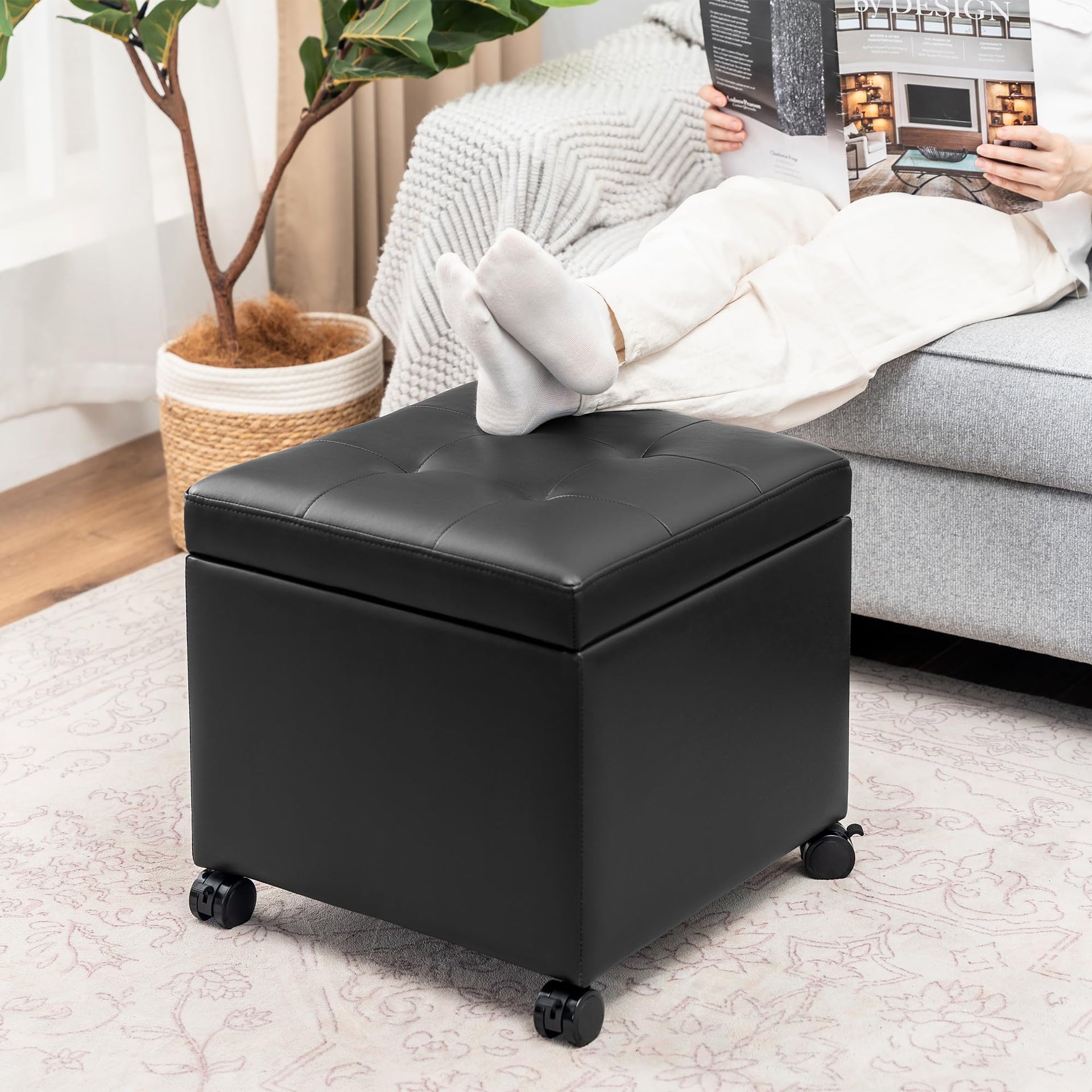 Modern Tufted Faux Leather Storage Ottoman with Wheels