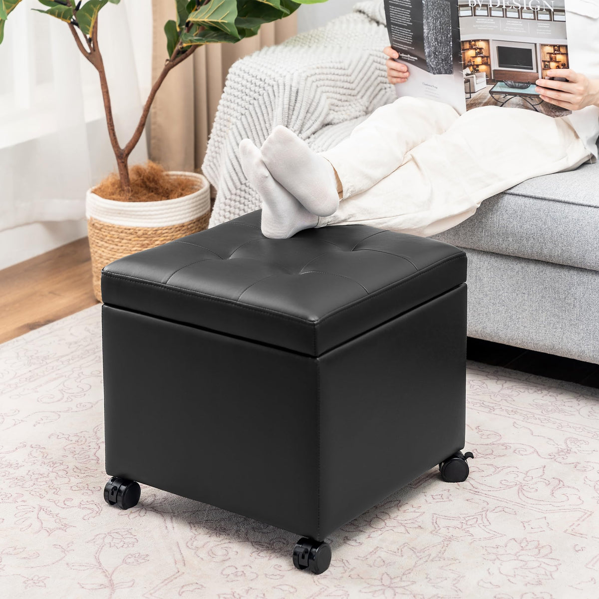 Modern Tufted Faux Leather Storage Ottoman with Wheels