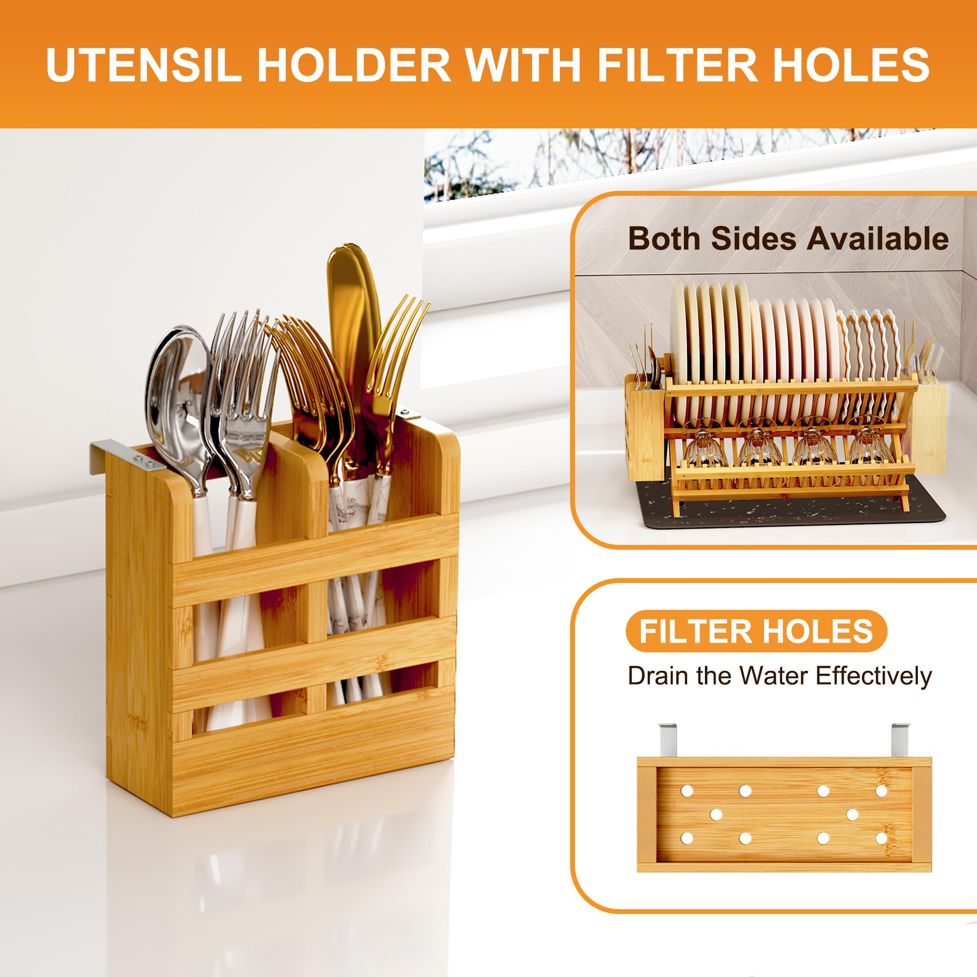Bamboo Dish Drying Rack with Utensil Holder