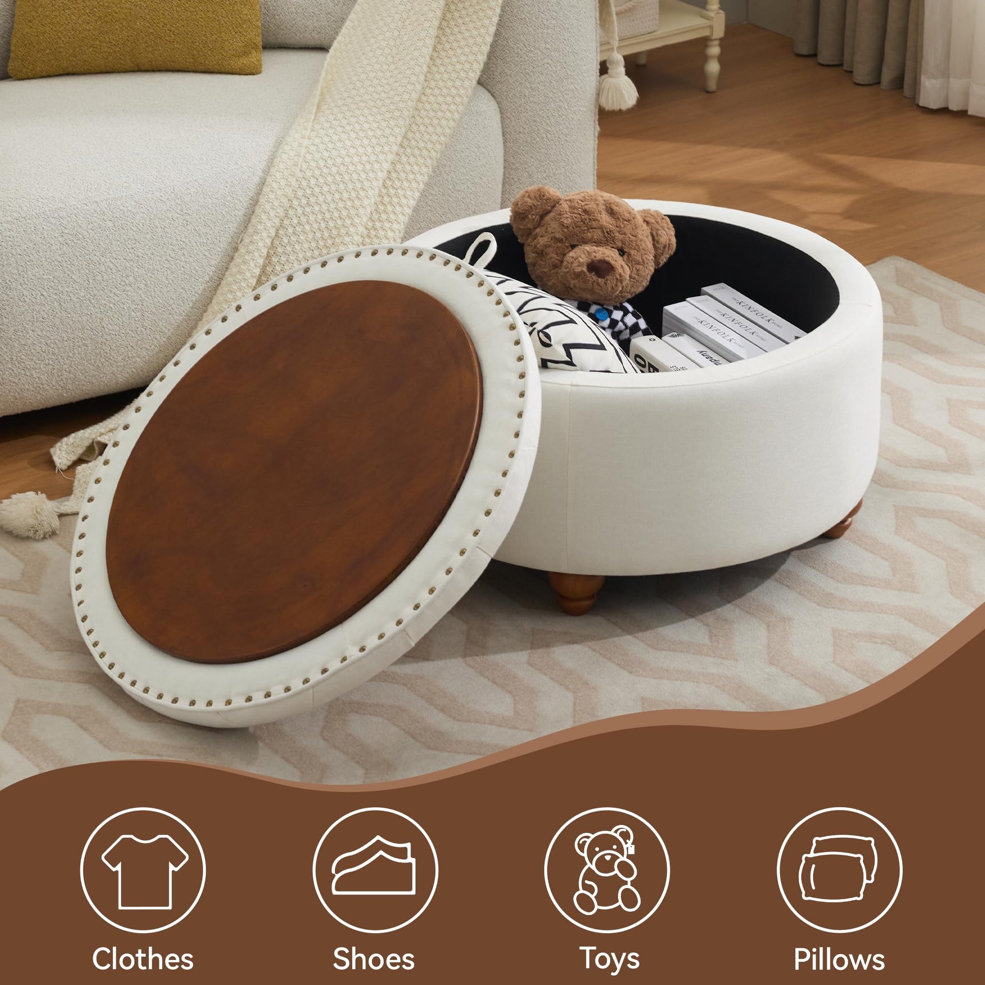 30Inch Round Storage Ottoman with Tray