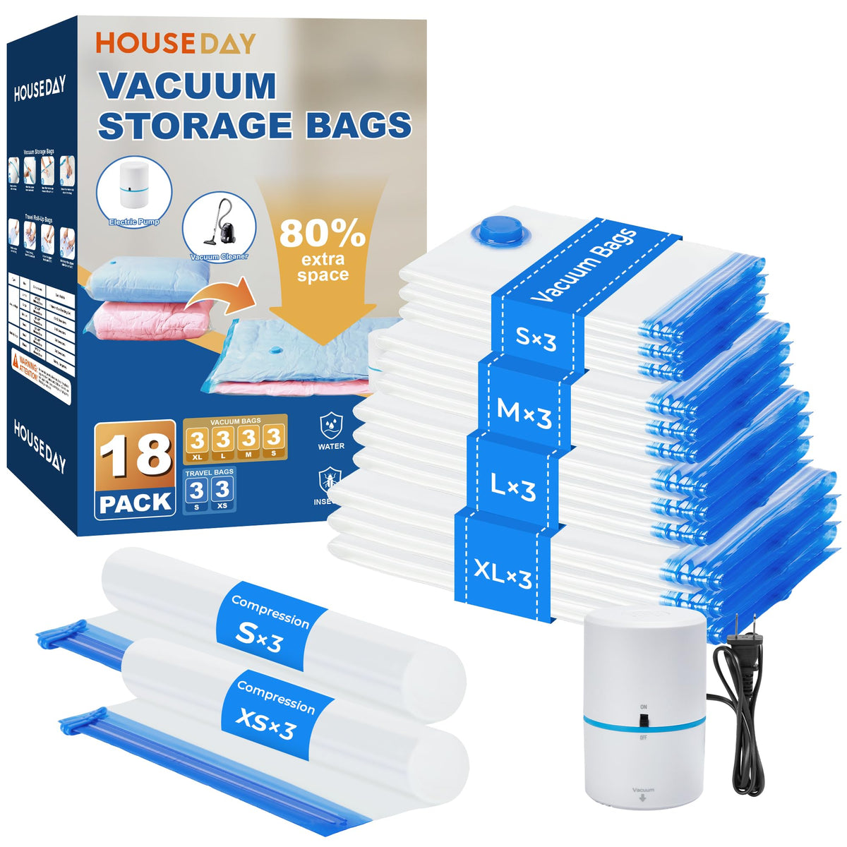 18 Pack Vacuum Storage Bags with Electric Pump (18 Count)