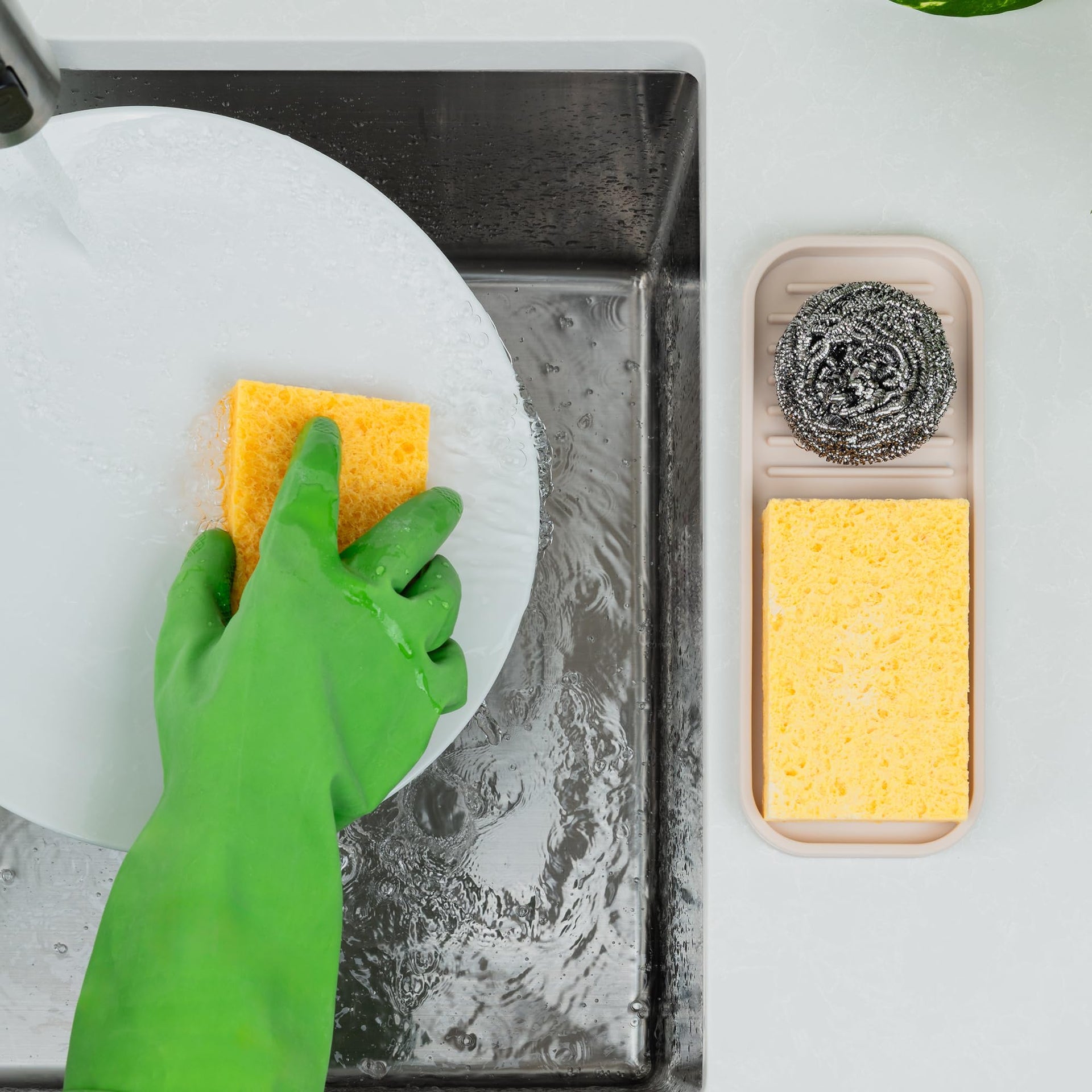9x3.5) Silicone Sponge Holder for Kitchen Sink - Flexible Multipurpose Soap Tray - Sink Organizer for Kitchen, Bathroom, Makeup, Trinkets & More (Ivory)
