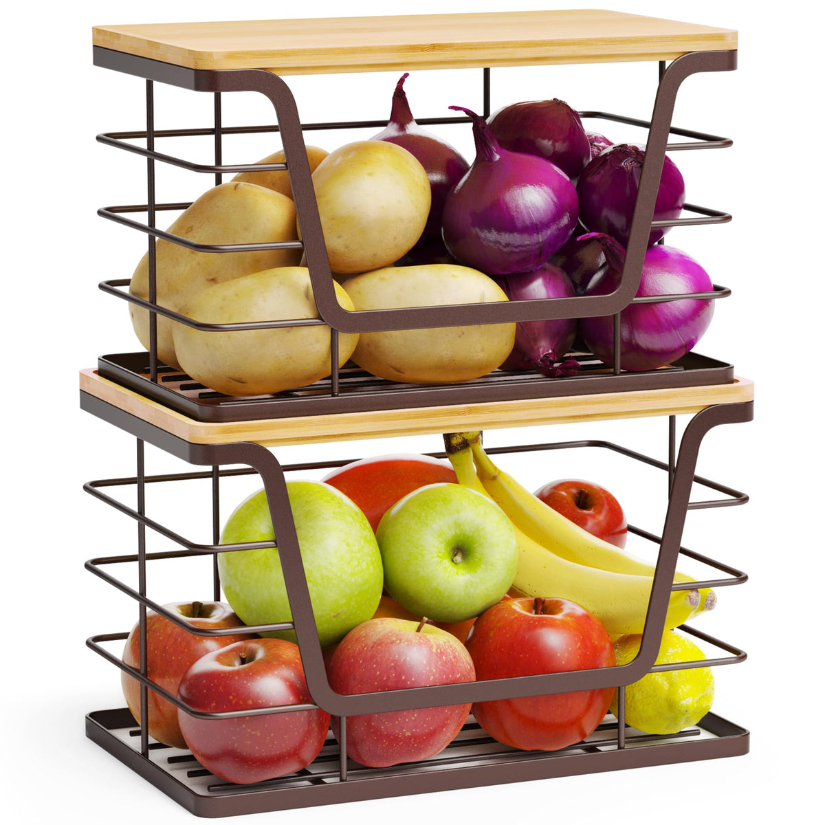 2 Pack Stackable Wire Storage Basket with Bamboo Lid (2 Count)
