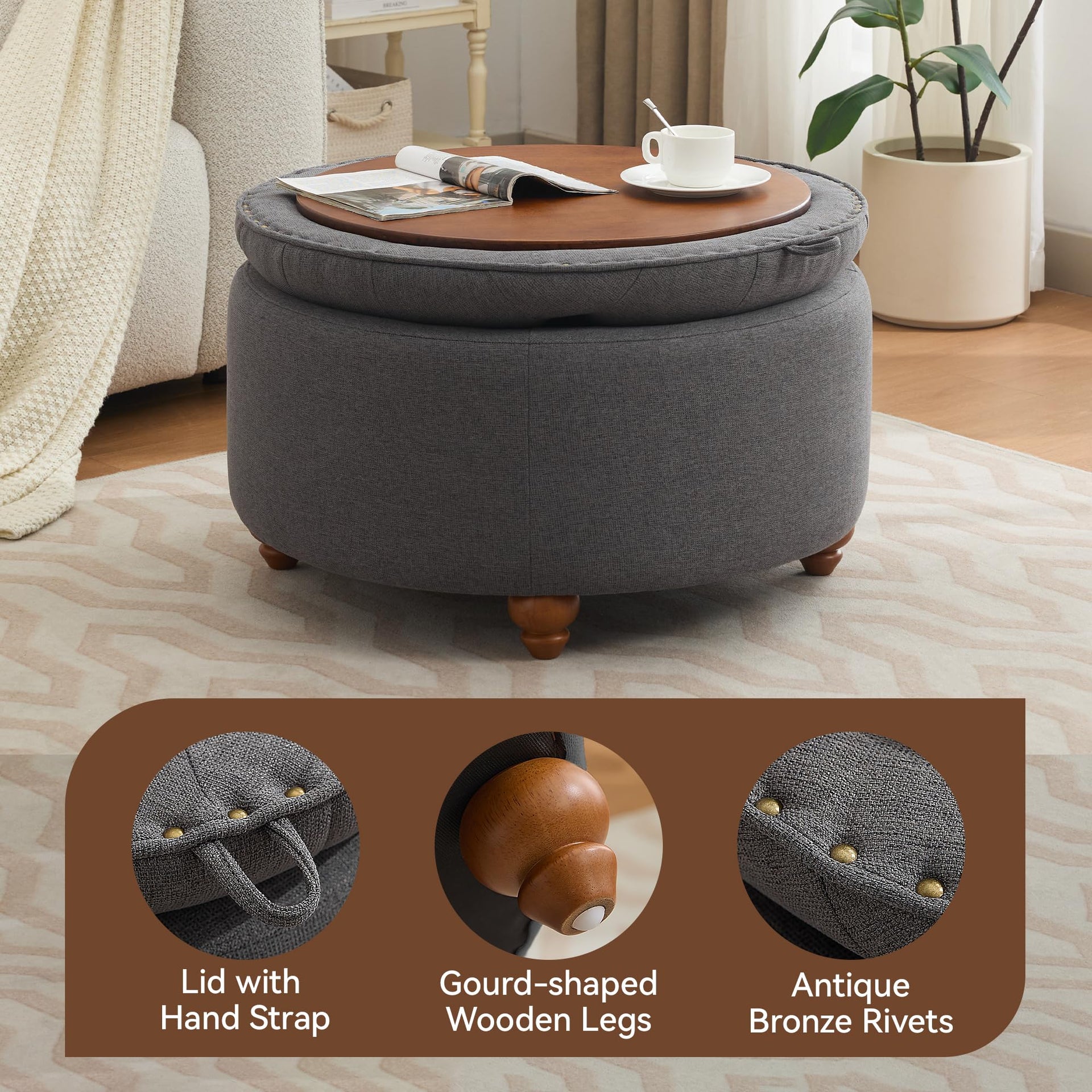 30Inch Round Storage Ottoman with Tray