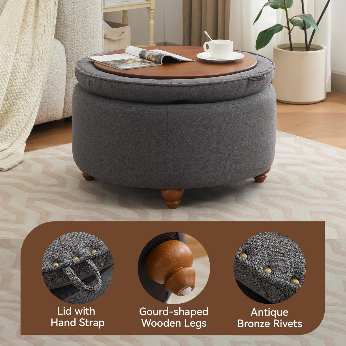 30Inch Round Storage Ottoman with Tray