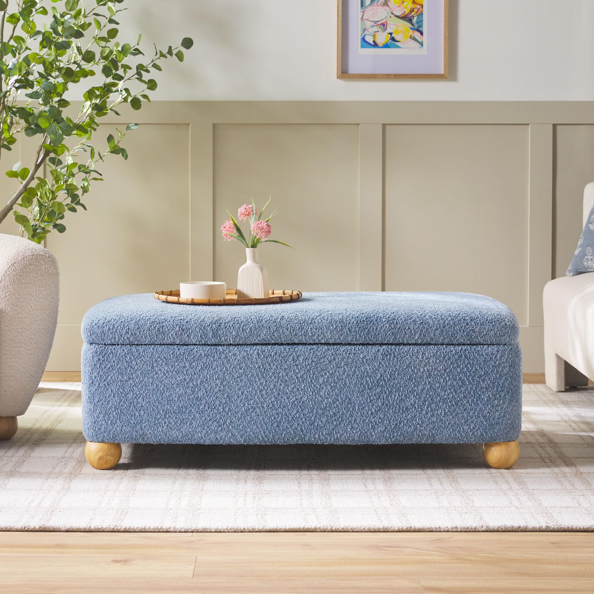 Linley Contemporary Large Storage Bouclé Ottoman with Wood Legs
