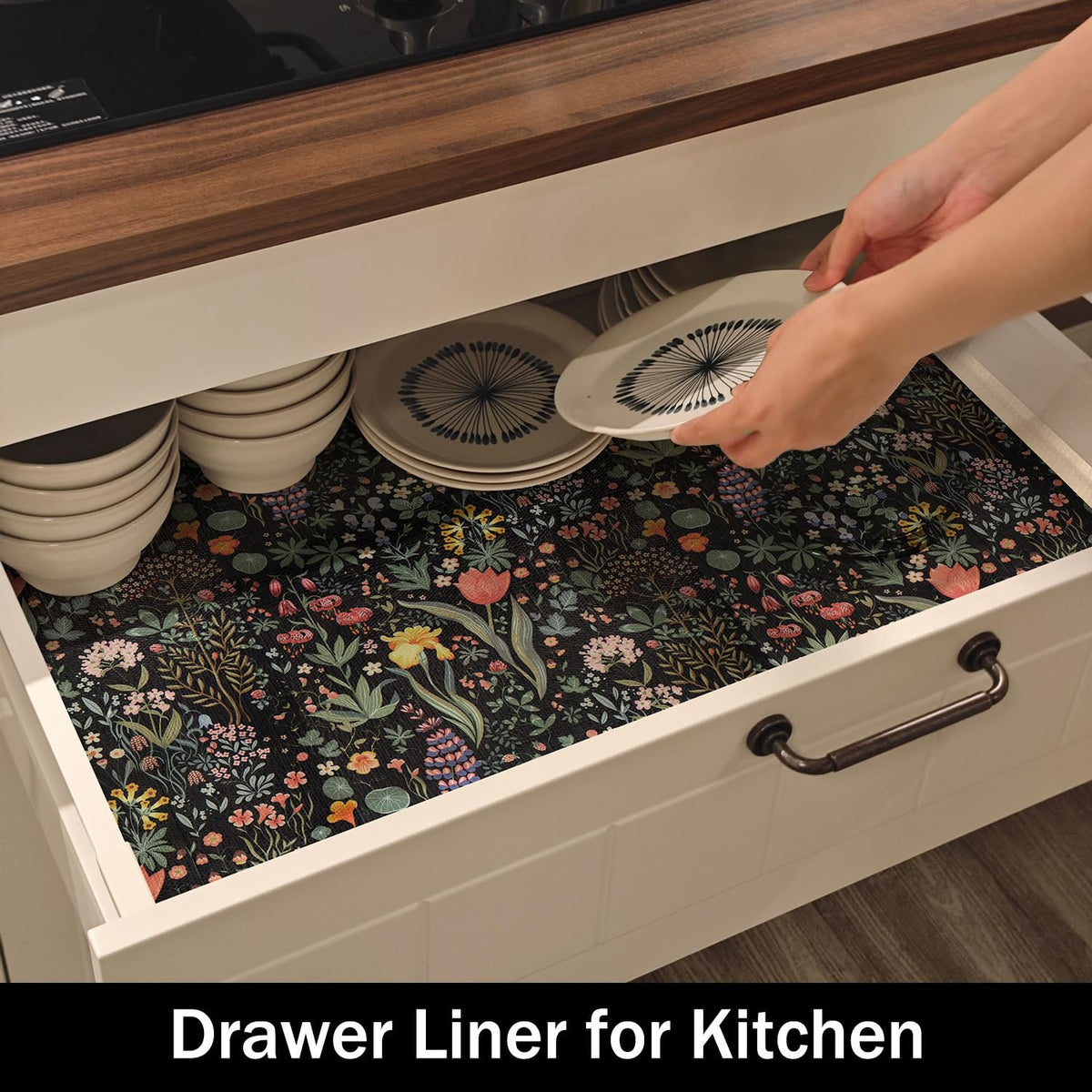 Black Floral Shelf Drawer Liners Non