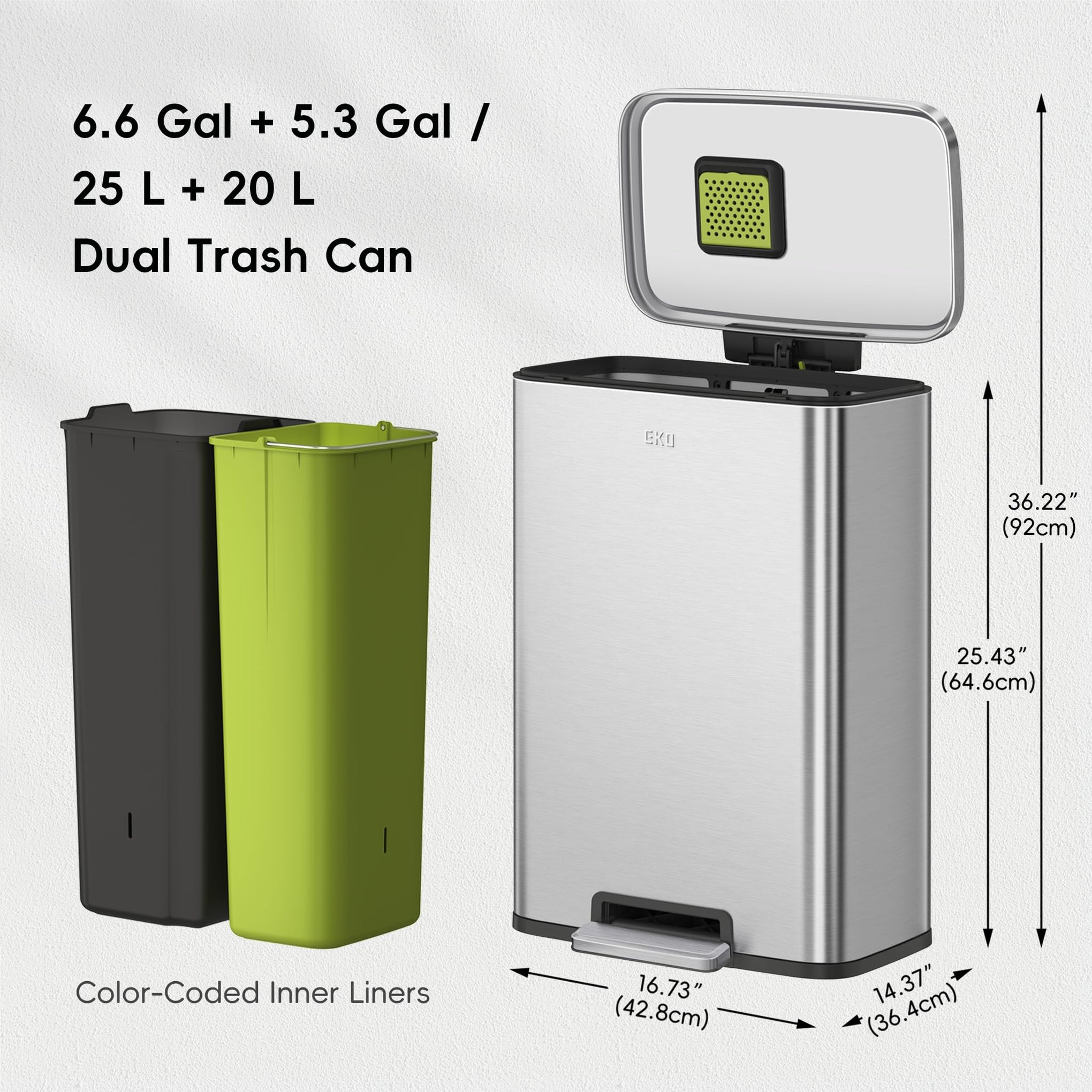 Madison Brushed Stainless 25L+20L Dual Compartment Step Trash Can with Inner Liner