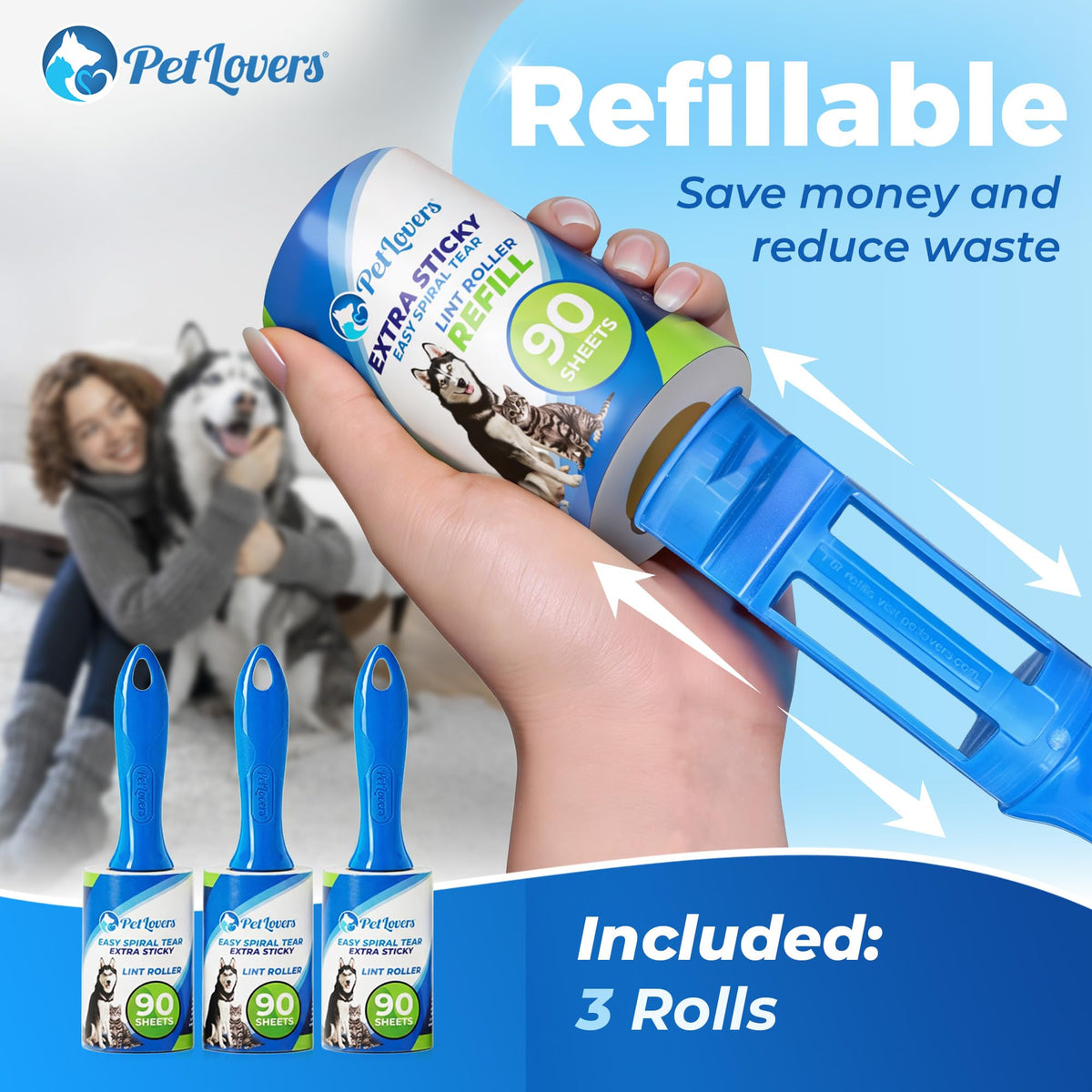Extra Sticky Lint Roller Value Set 270 Sheets for Pet Hair Removal and Clothes (3 Count)